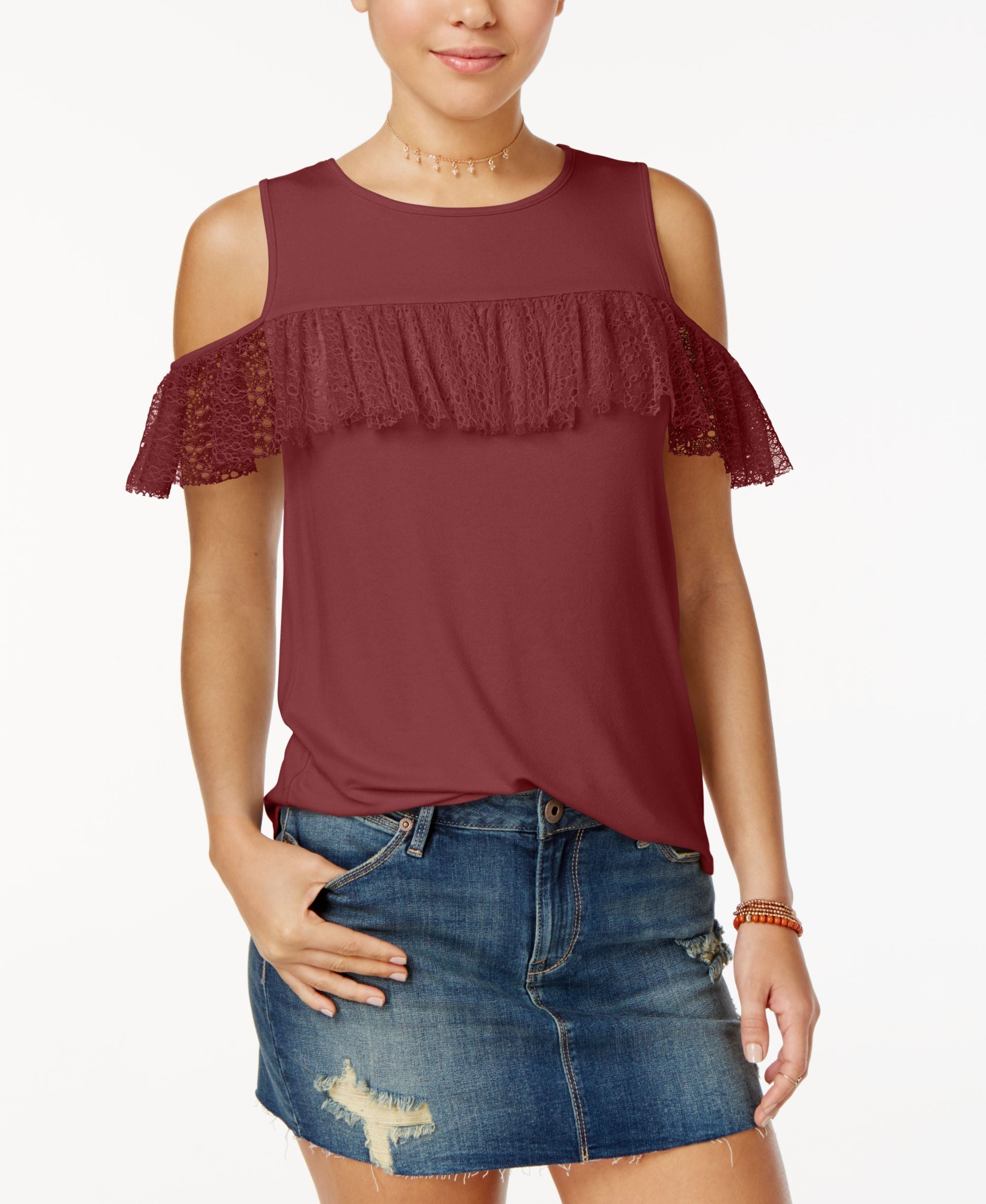 Gypsies Moondust Juniors Ruffle Trim Cold Shoulder Top
