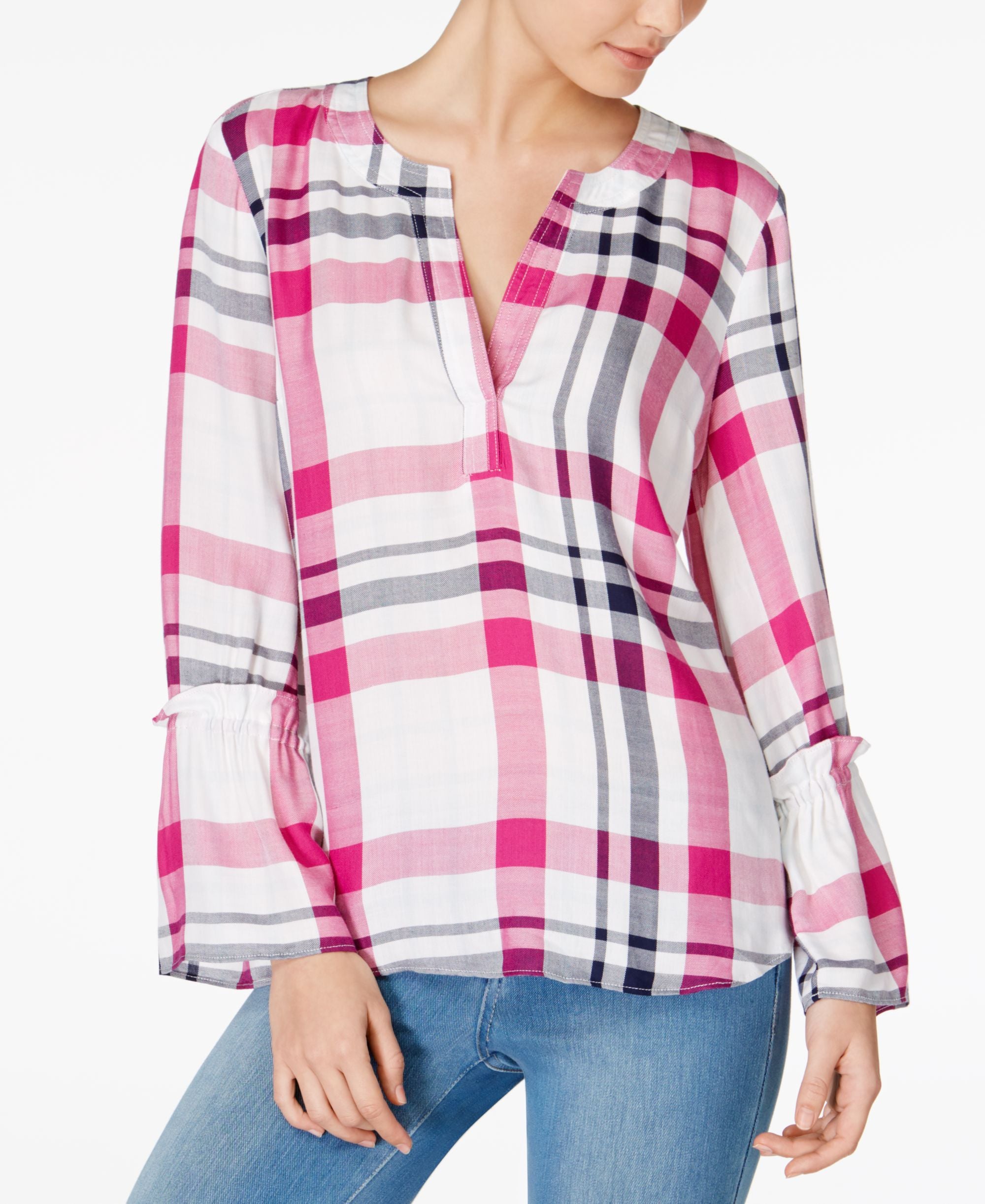 Maison Jules Plaid Split Neck Shirt