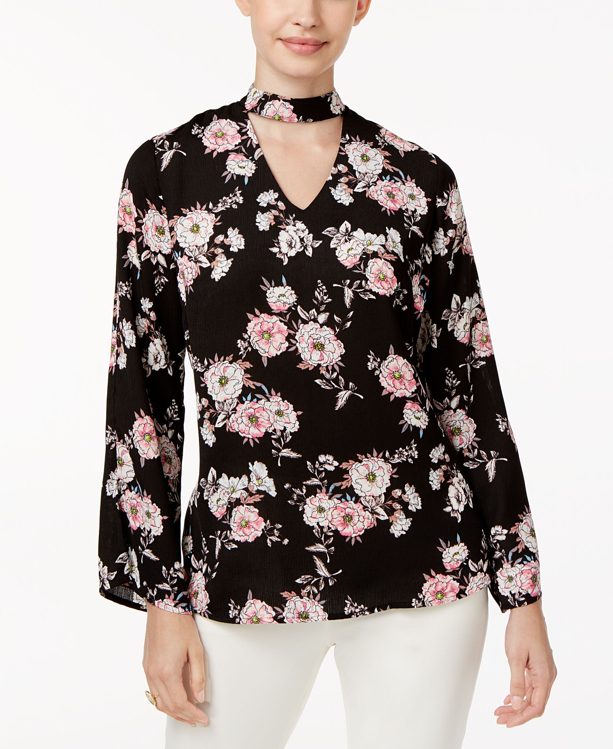 NY Collection Floral Print Choker Blouse