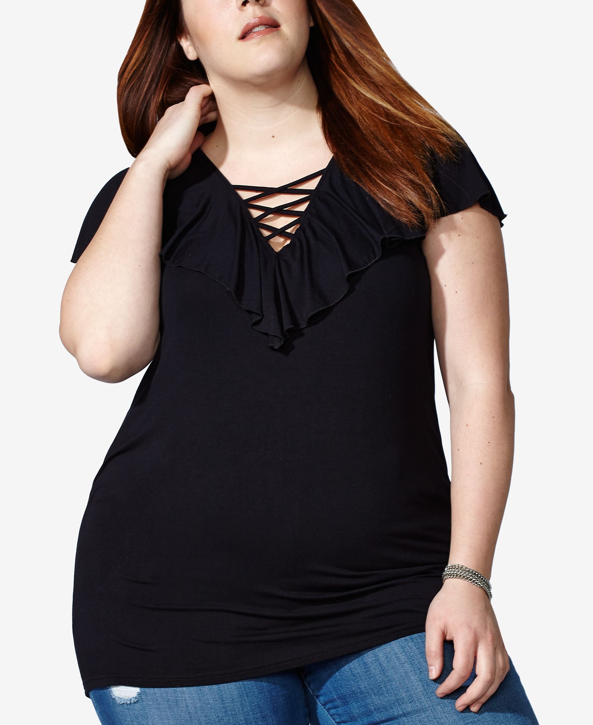 Mblm By Tess Holliday Trendy Plus Size Ruffle Lace Up Top