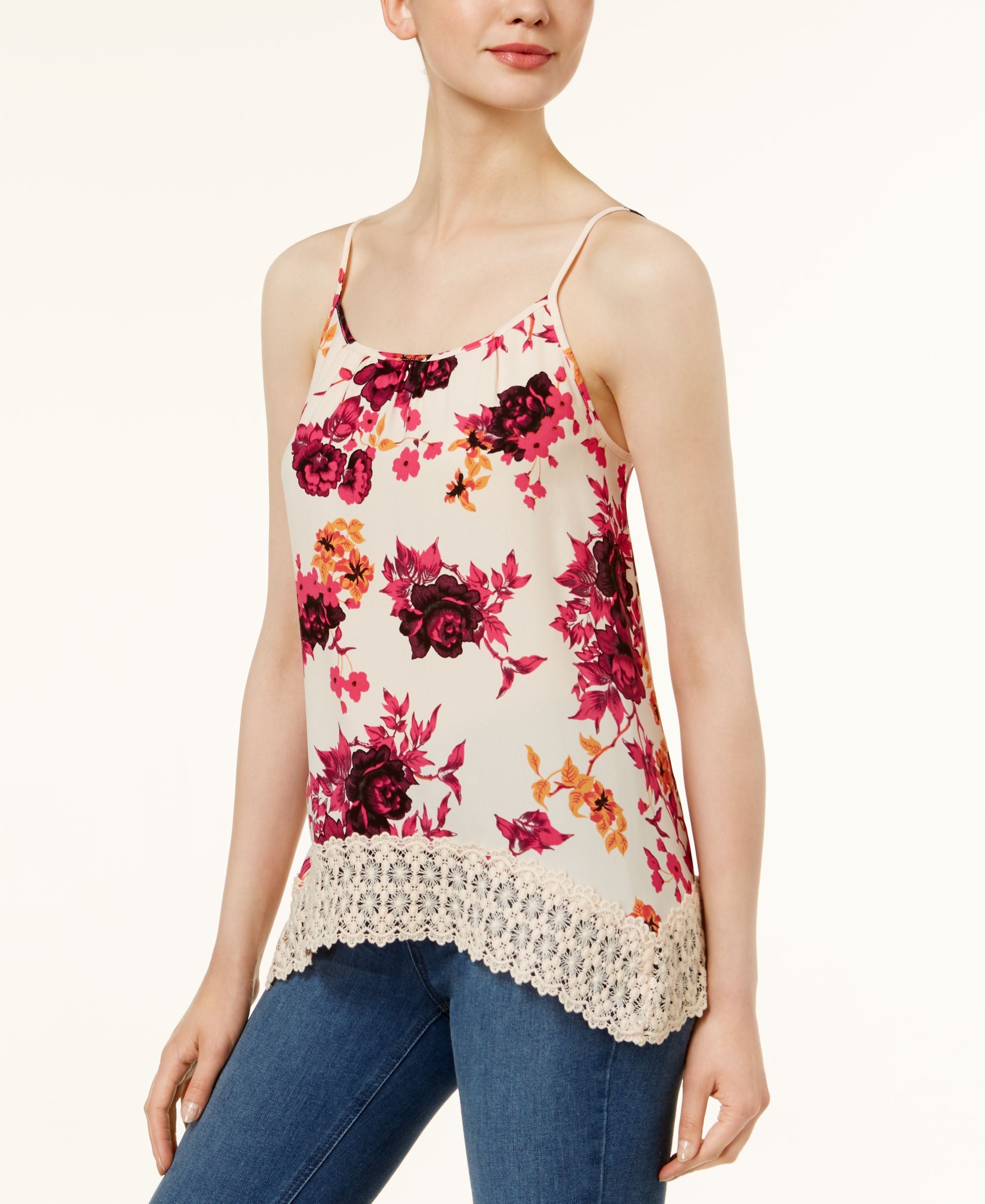 Kensie Floral Print Lace Hem Top