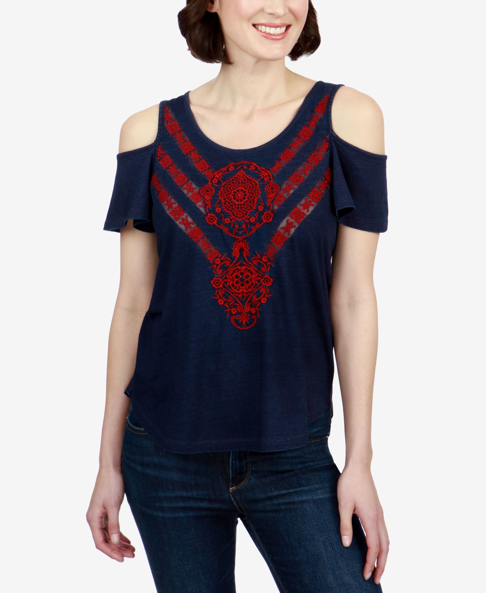 Lucky Brand Cotton Embroidered Cold Shoulder Top
