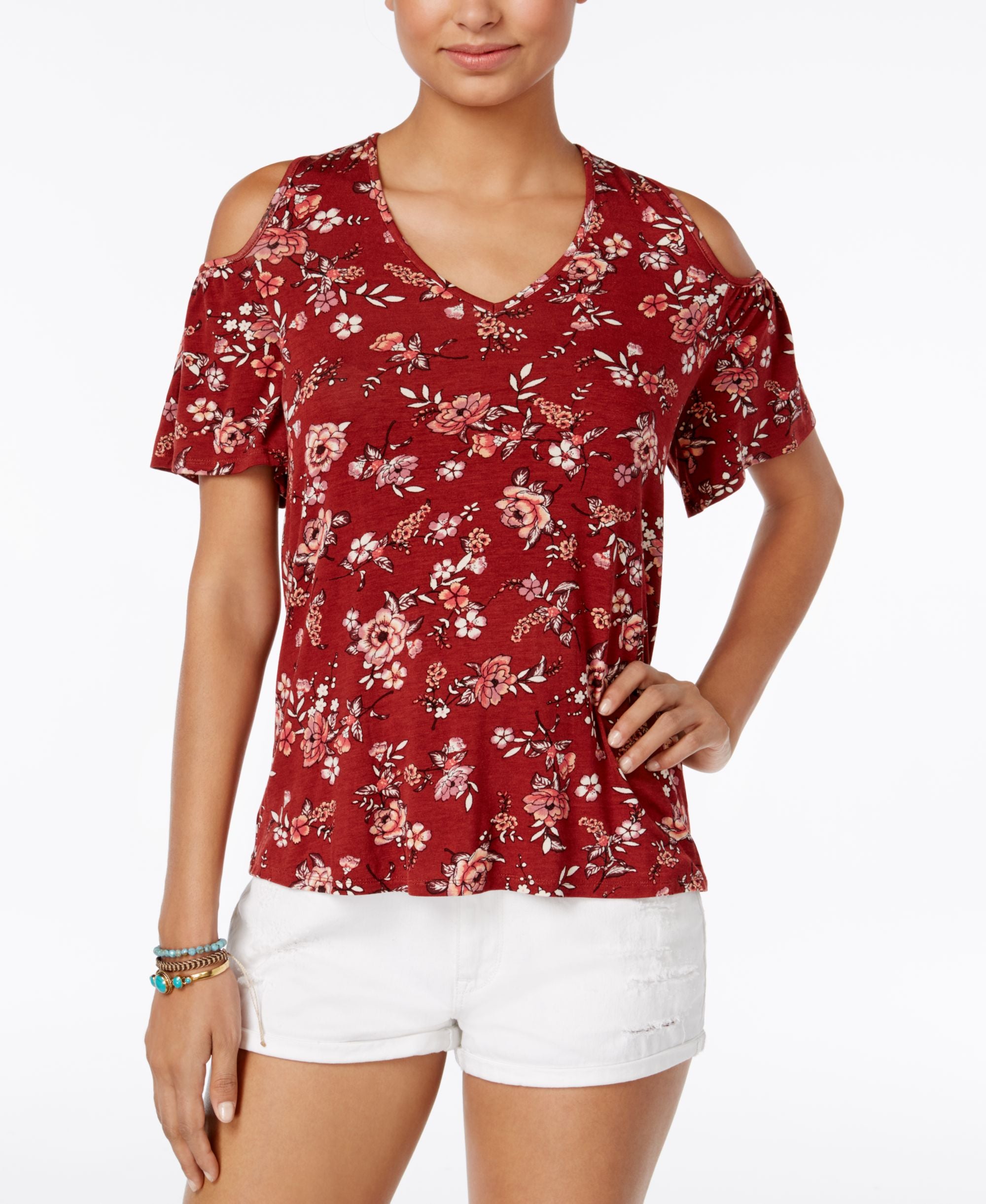 Gypsies Moondust Juniors Printed Cold Shoulder Lace Back Top
