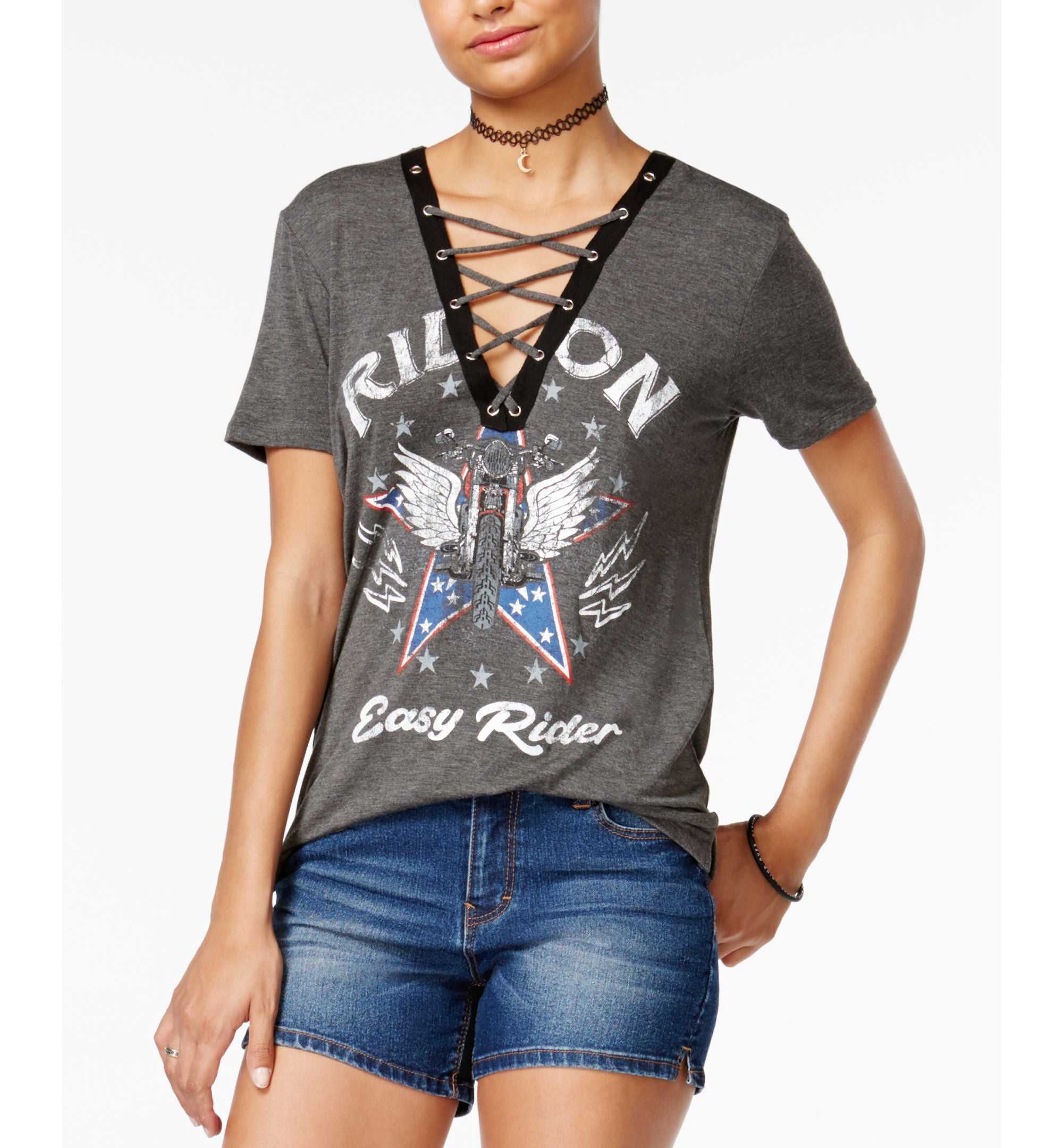 Rebellious One Juniors Easy Rider Lace Up Graphic T-Shirt