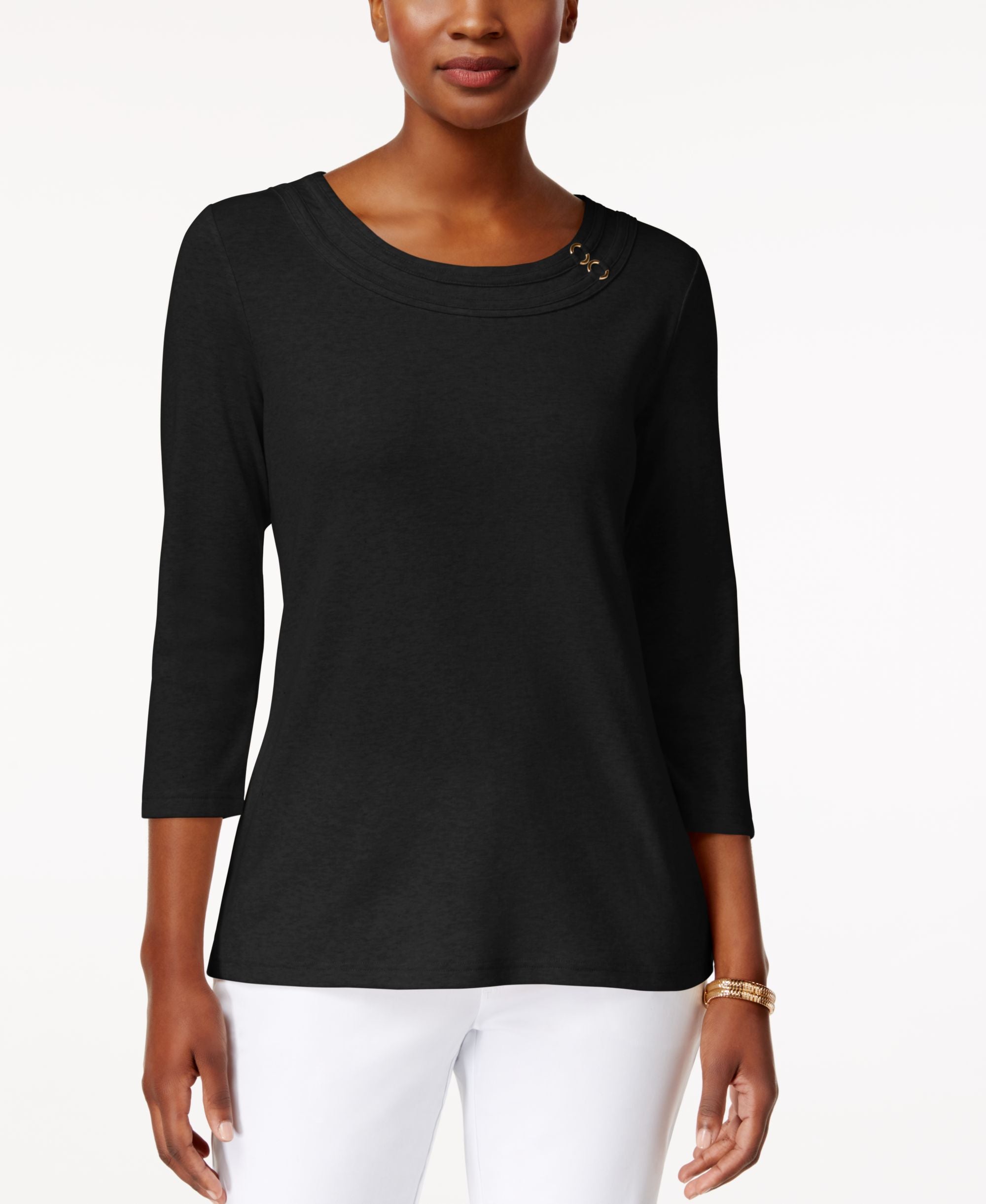 Karen Scott Embellished 3/4 Sleeve T-Shirt