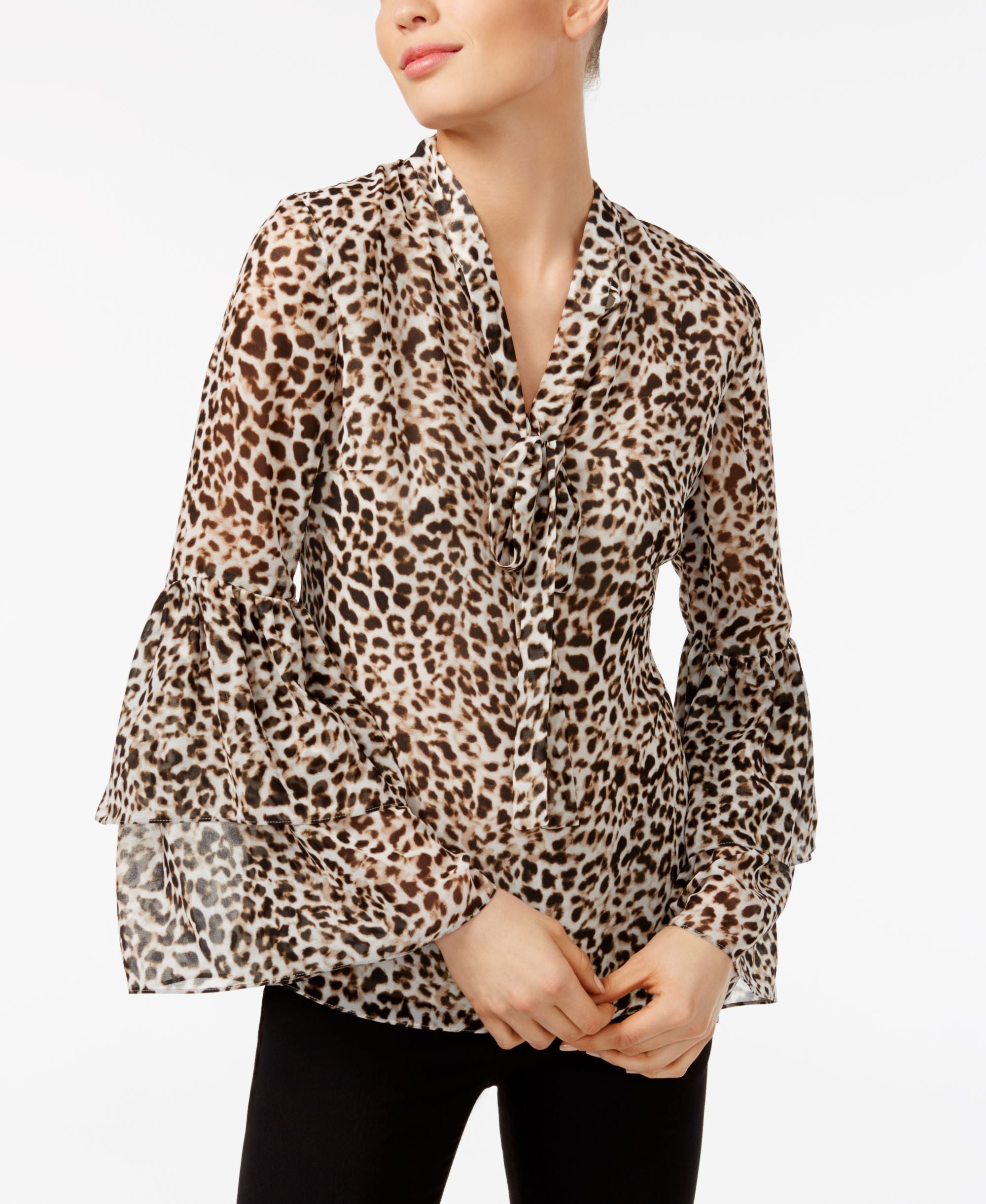 CALVIN KLEIN Womens Beige Tie Animal Print Long Sleeve V Neck Top XS