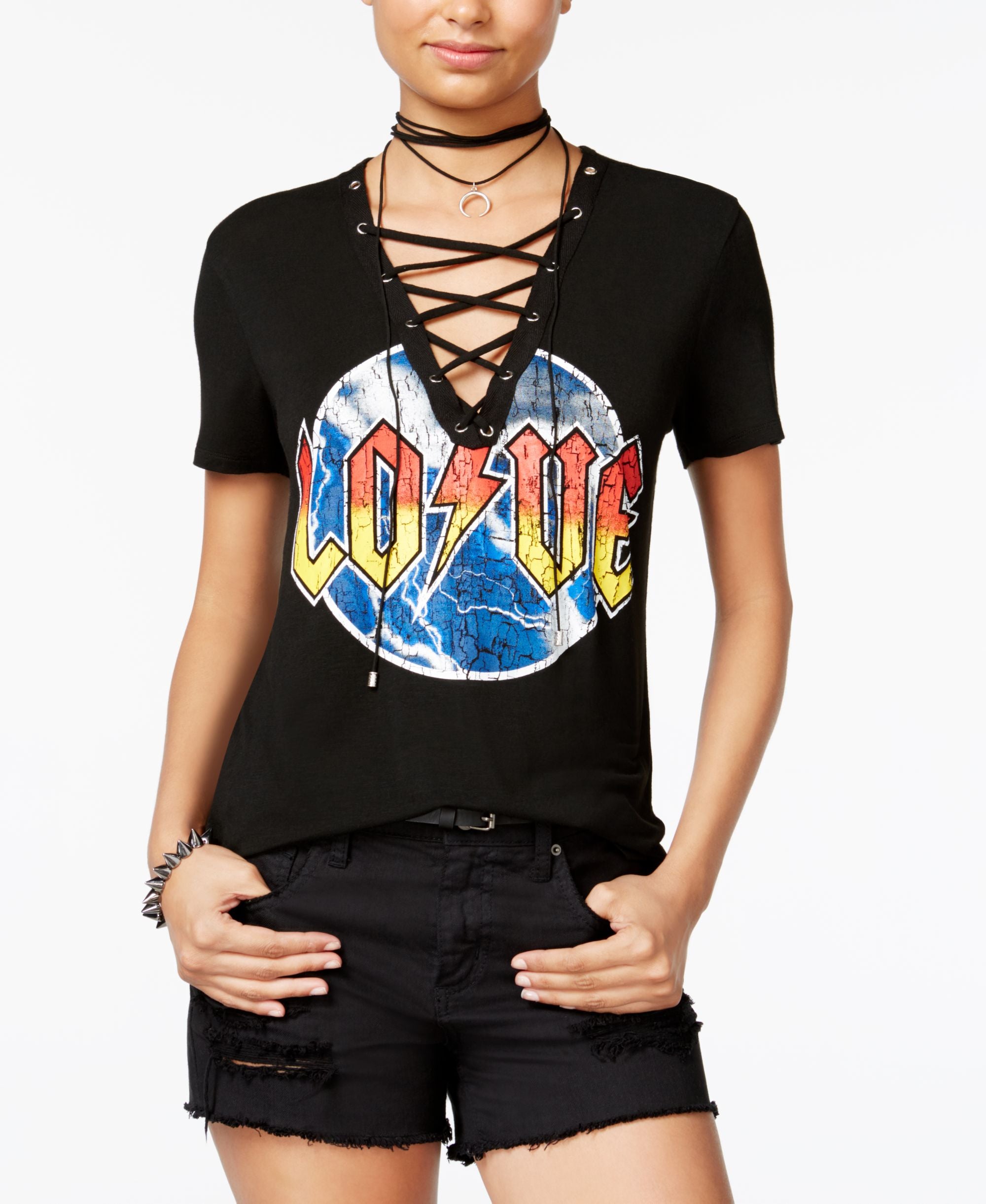 Rebellious One Juniors Love Lace Up Graphic T-Shirt