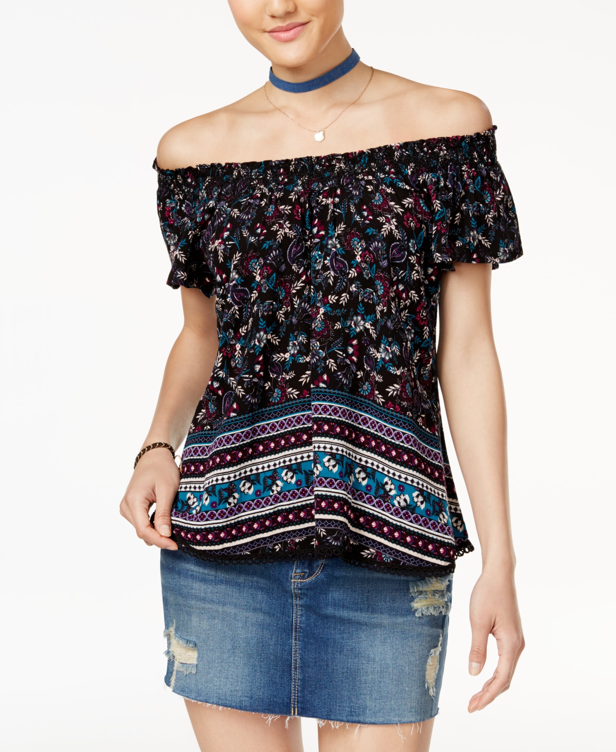 Self E Juniors Crochet Trim Off The Shoulder Peasant Top