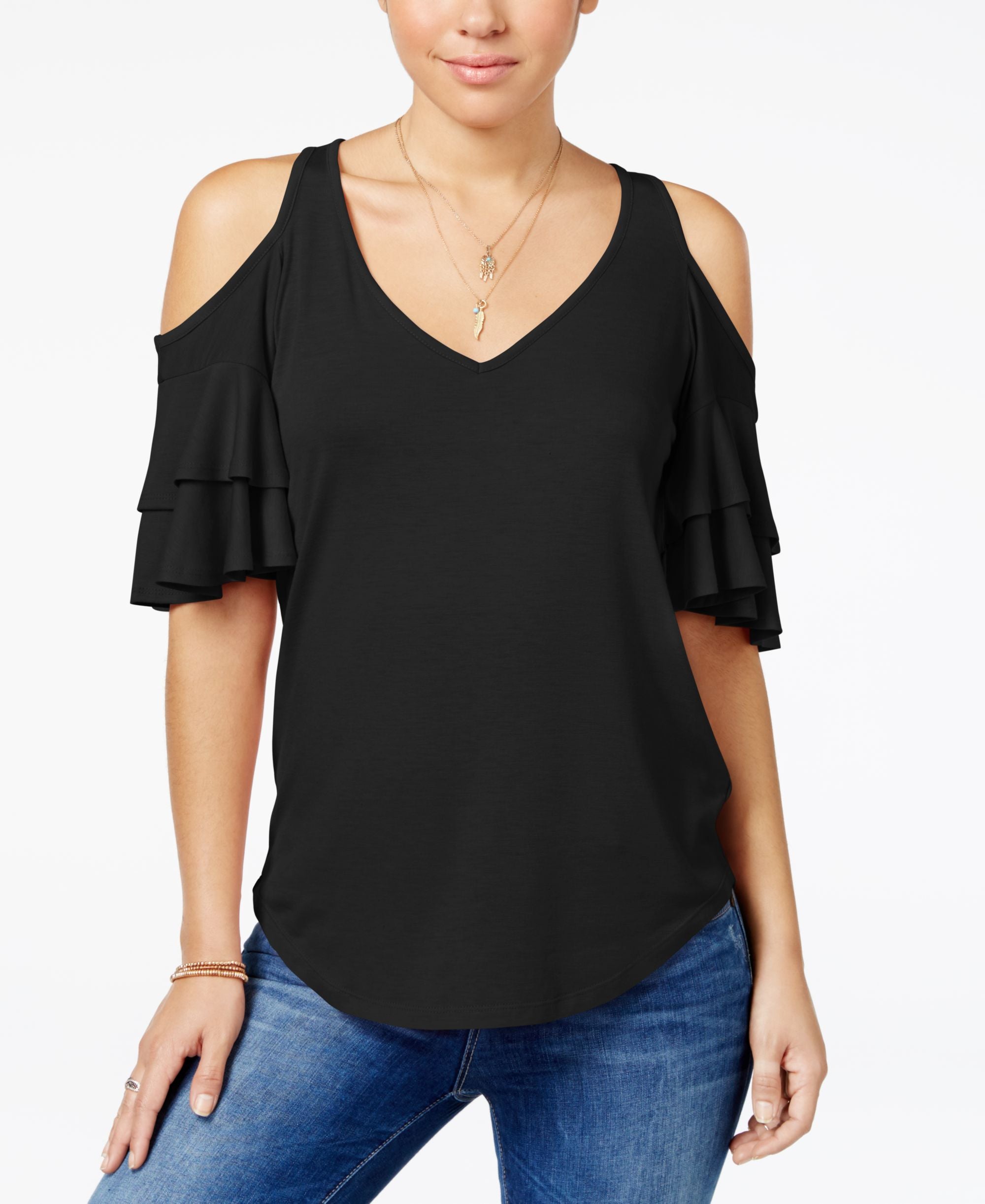 Almost Famous Juniors Ruffle Sleeve Cold Shoulder Top