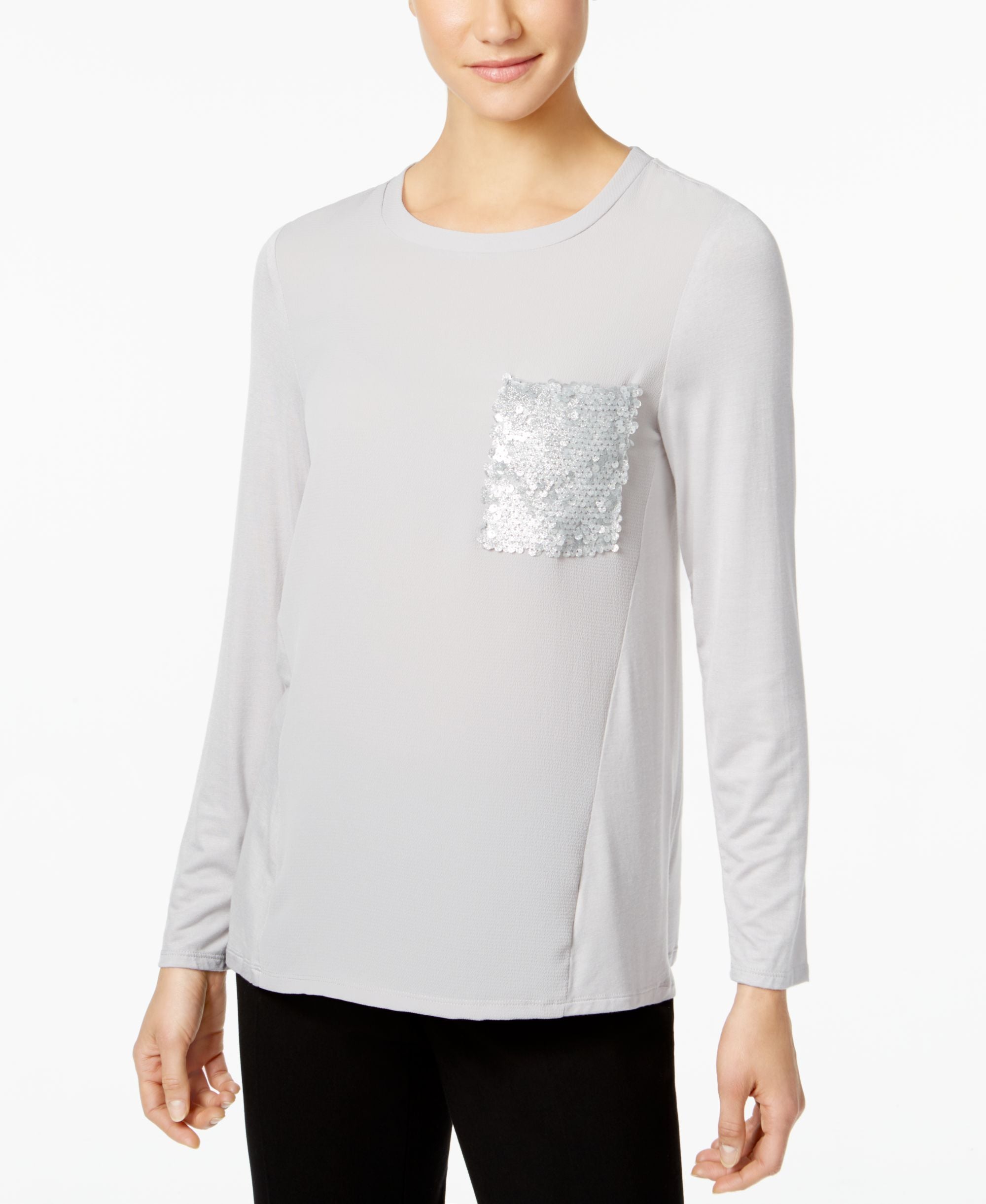 NY Collection Mixed Media Sequin Pocket Top
