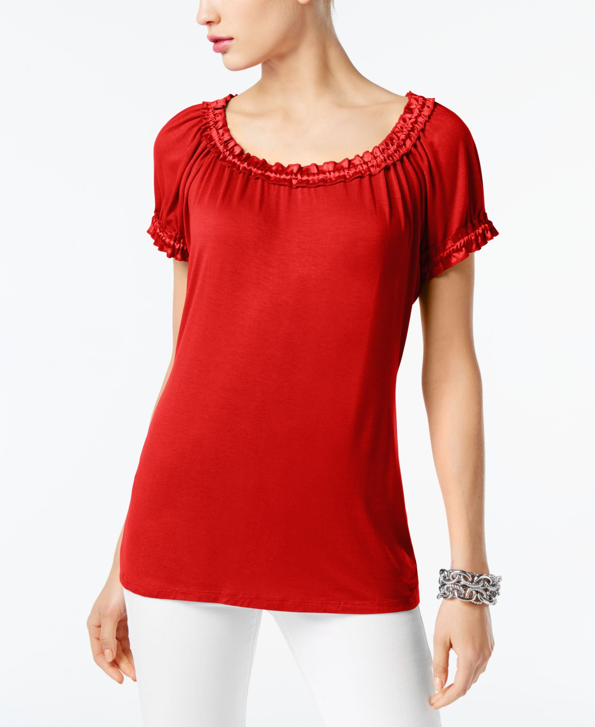 INC International Concepts Scoop Neck Satin Trim Top