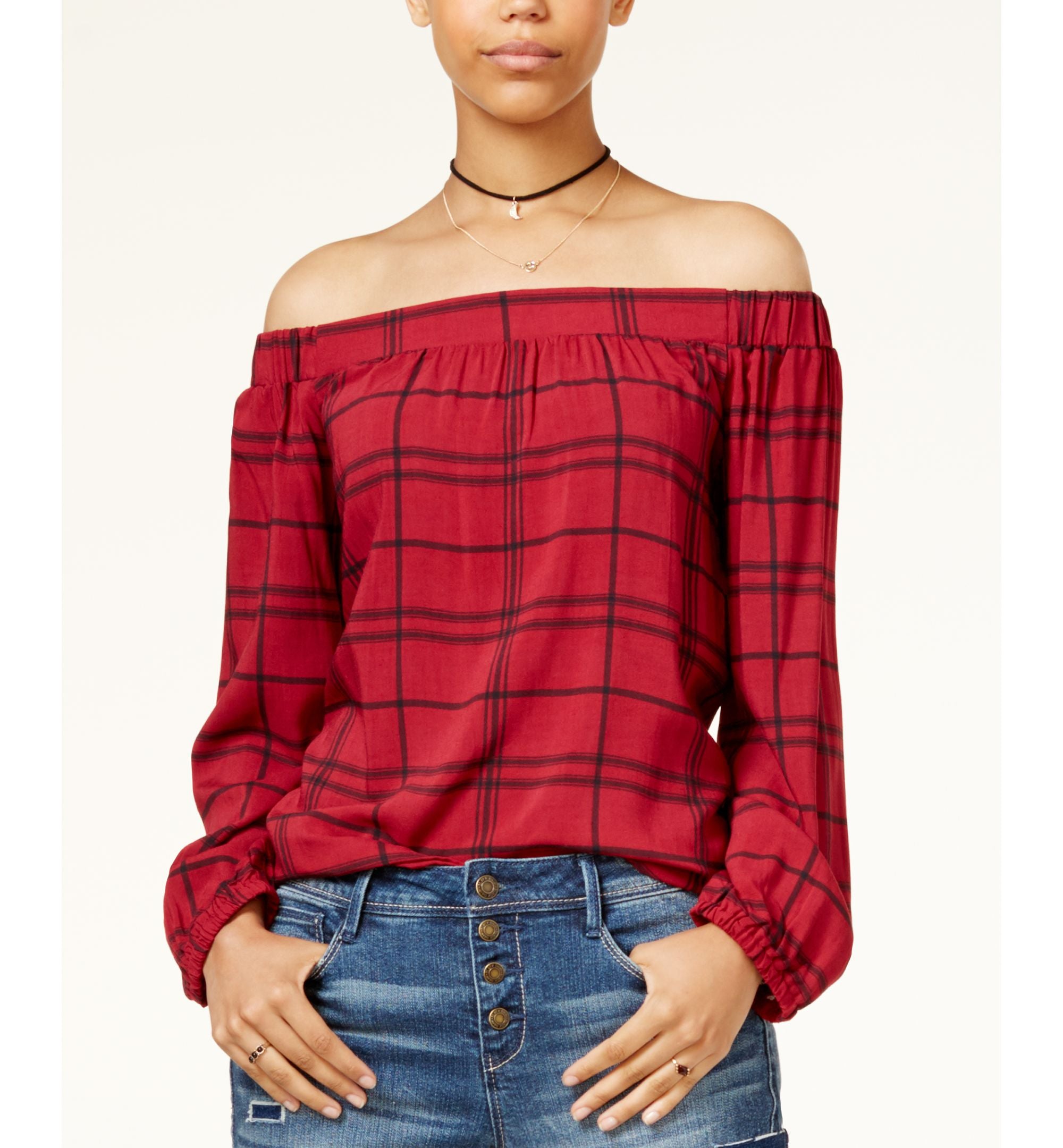 7 Sisters Juniors Plaid Off The Shoulder Top