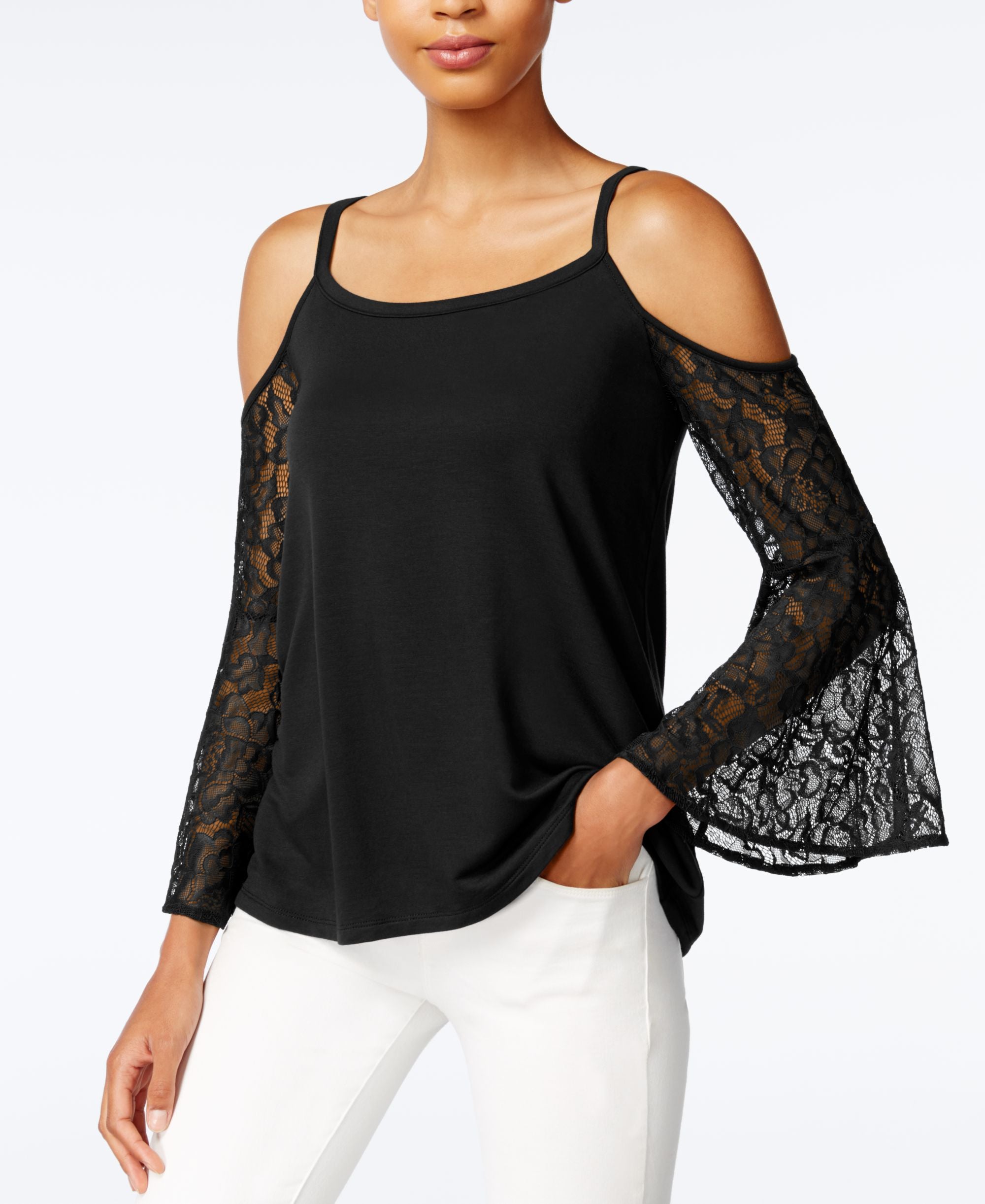 Kensie Cold Shoulder Lace Sleeve Top
