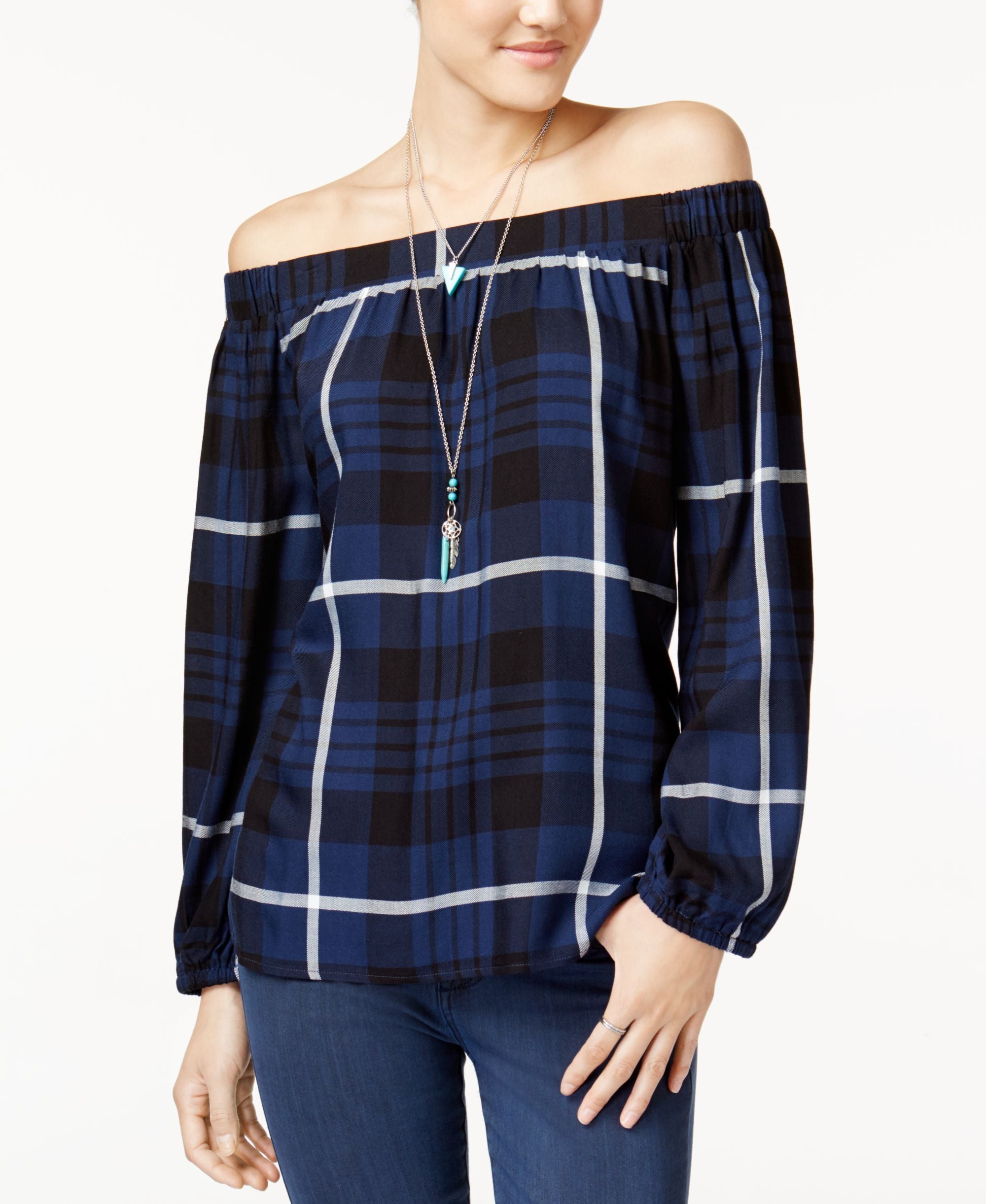 7 Sisters Juniors Plaid Off The Shoulder Top