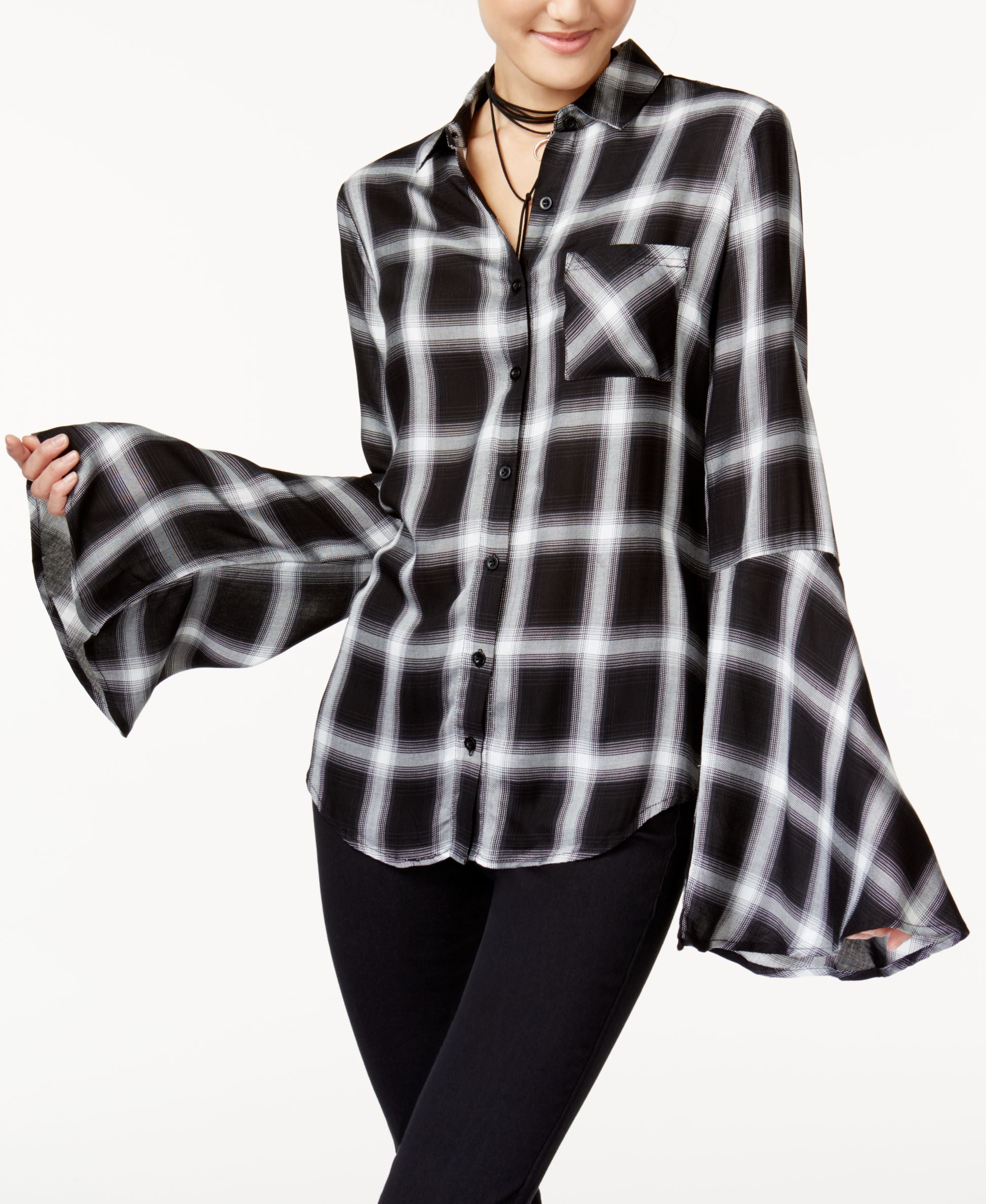 Polly Esther Juniors Bell Sleeve Plaid Shirt