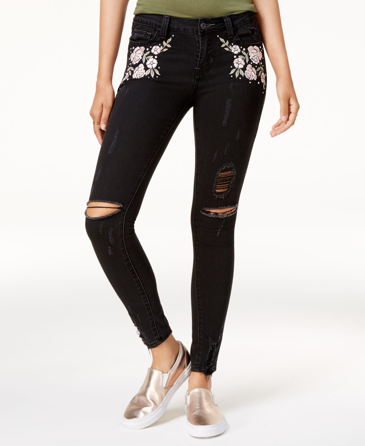 Vanilla Star Juniors' Floral-Embroidered Skinny Jeans