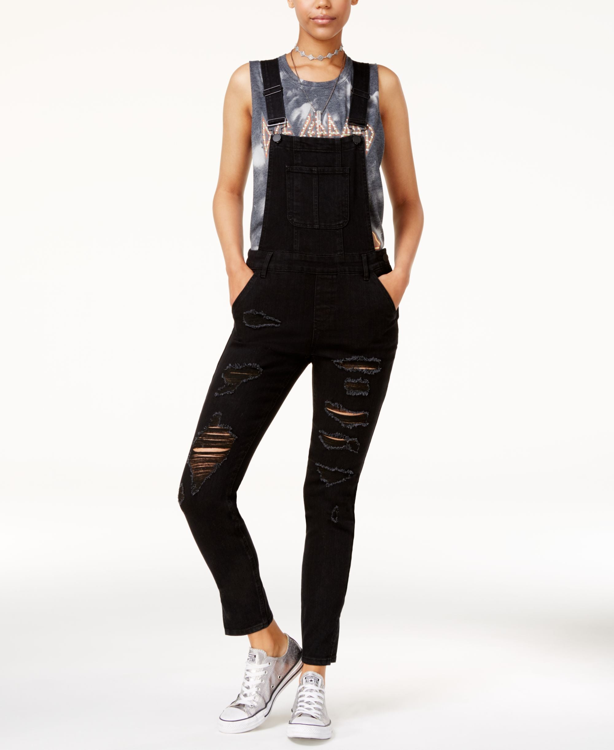 Dollhouse Juniors Ripped Split Leg Denim Overalls