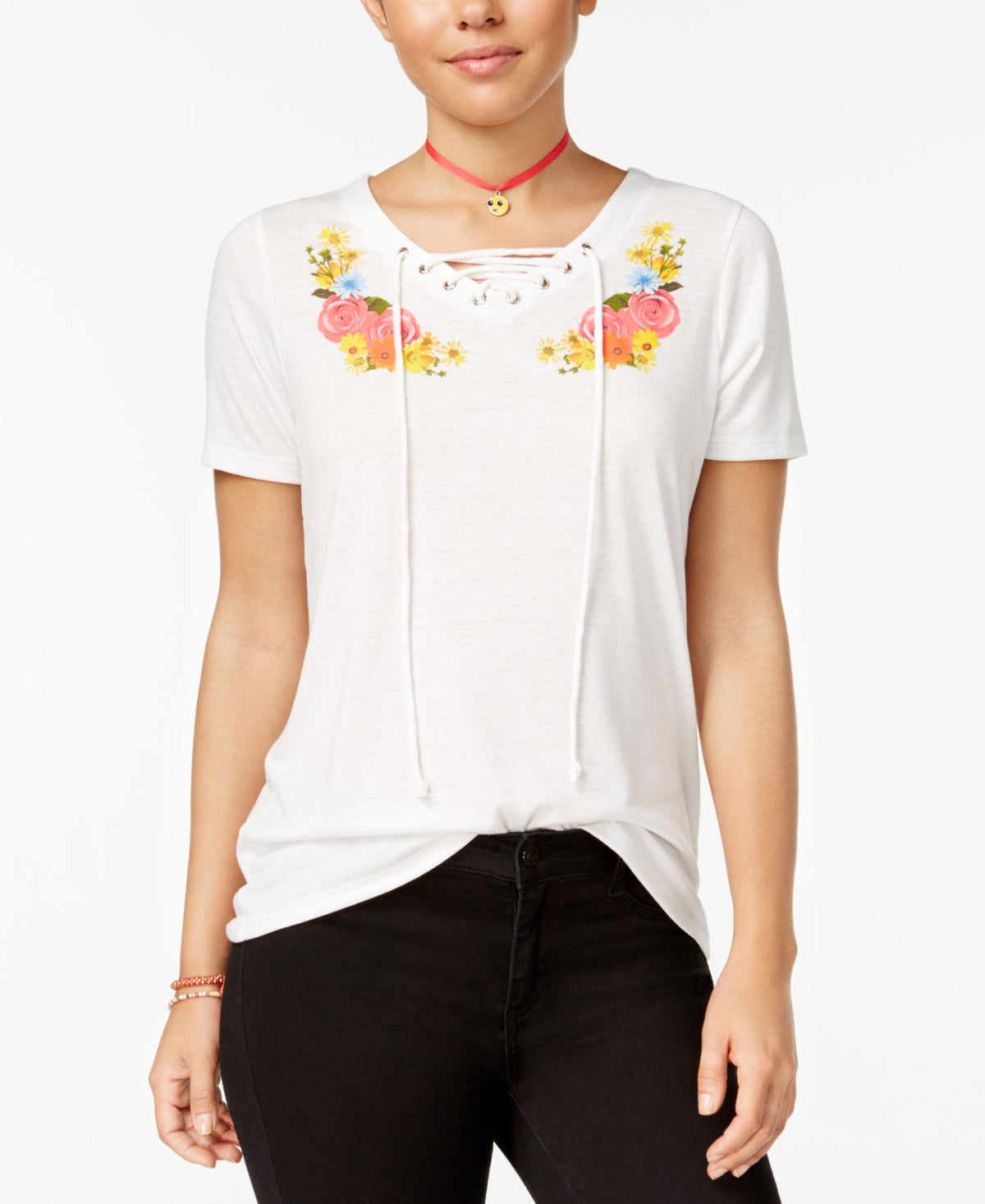 DOE Juniors' Flower Lace-Up Graphic T-Shirt