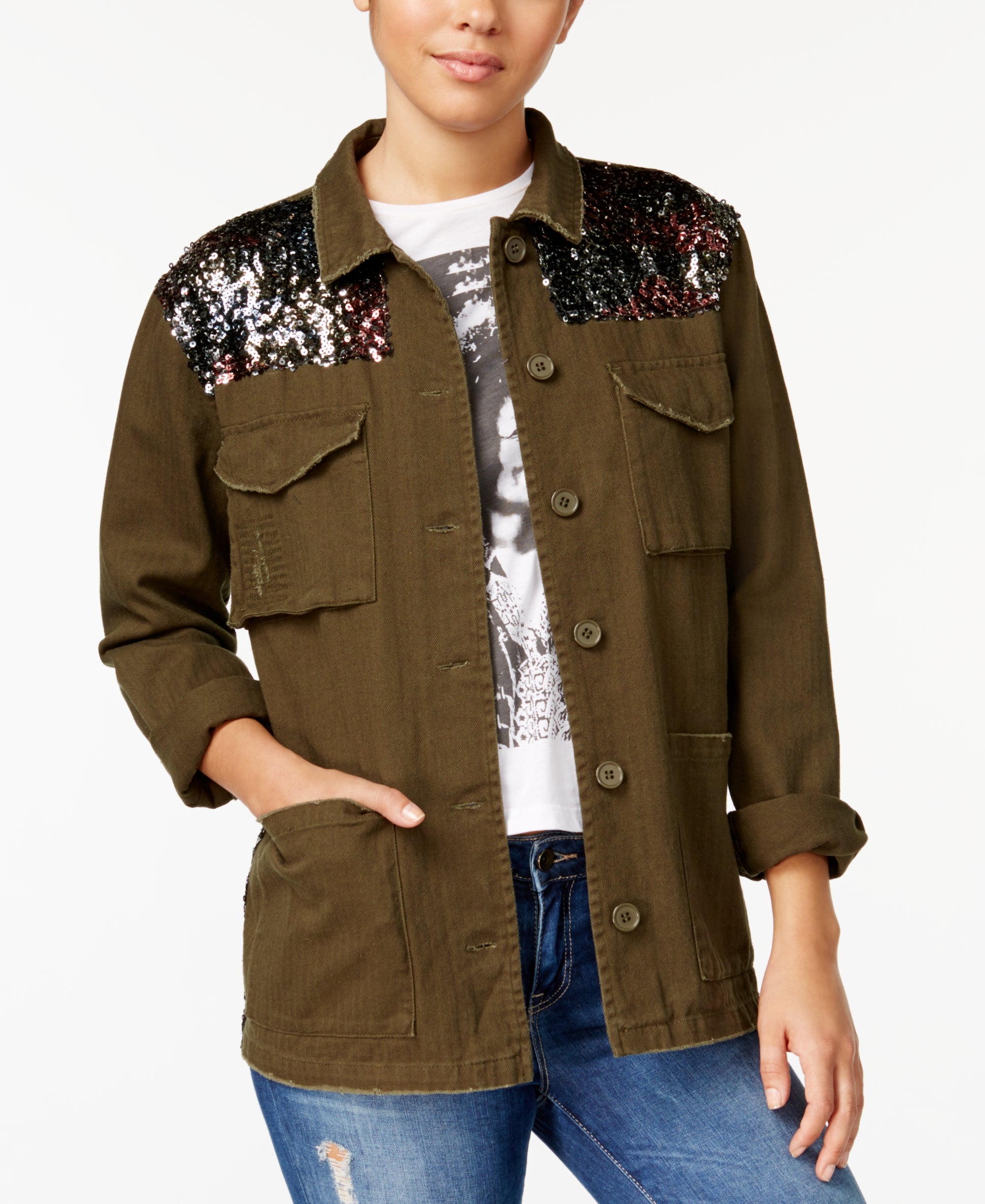 One Hart Juniors Sequin Trim Military Jacket
