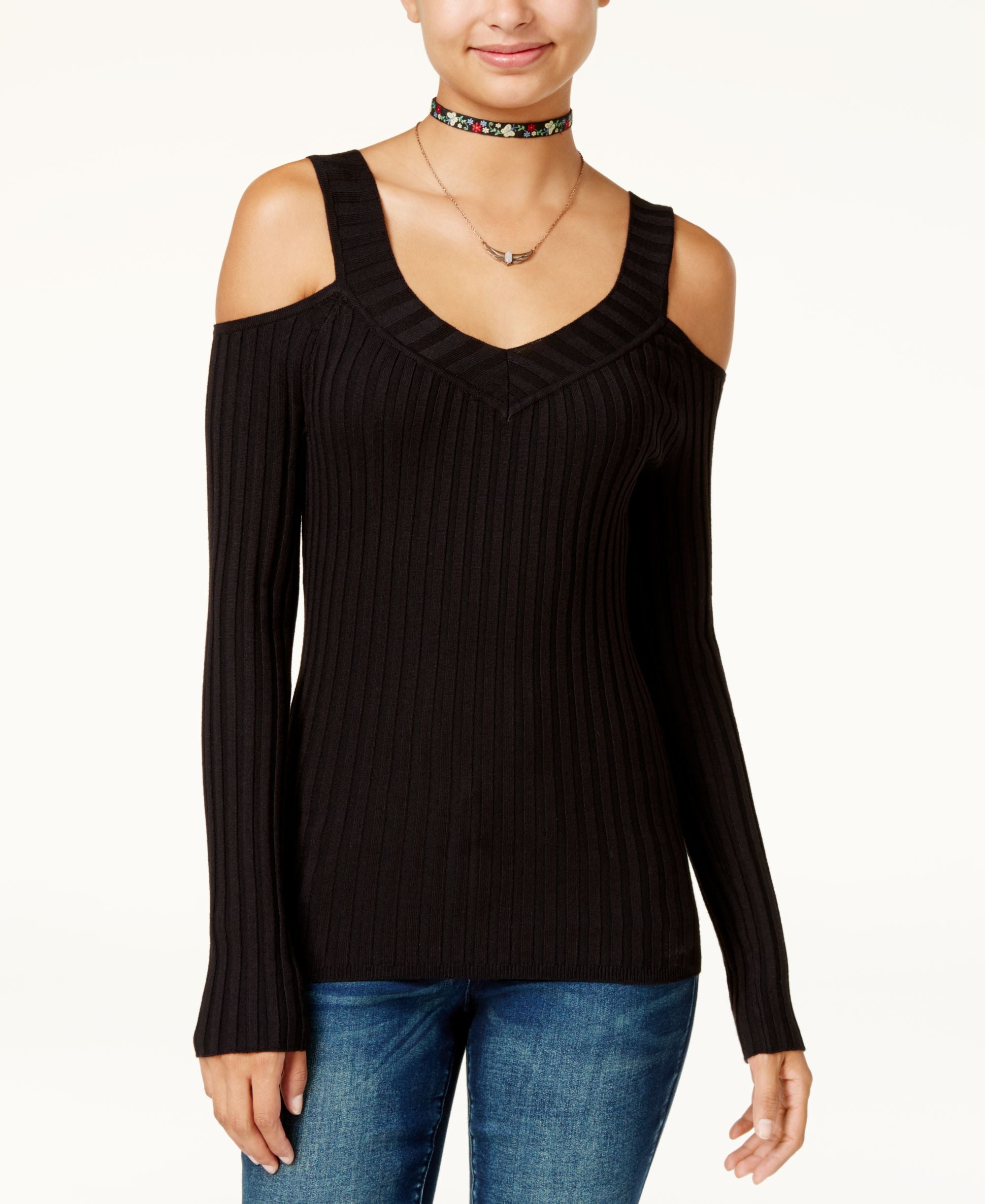 Hooked Up By Iot Juniors Ribbed Cold Shoulder Sweater