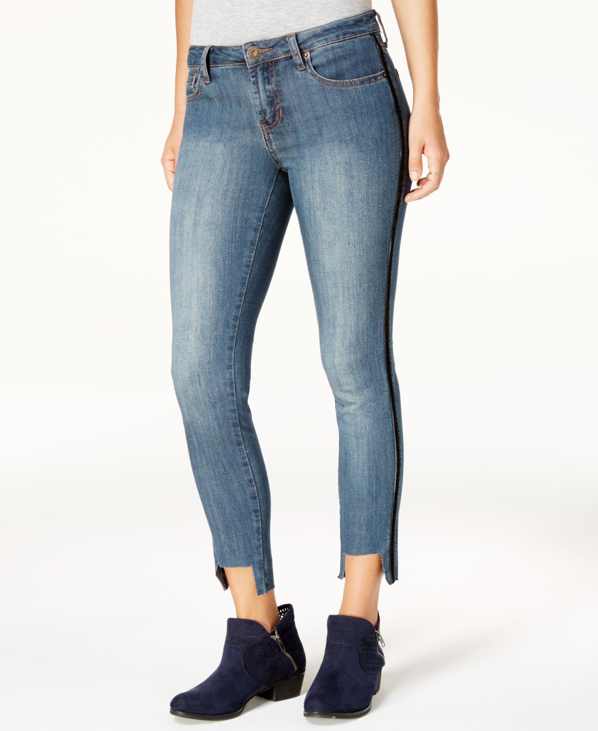 Rampage Juniors Velvet Trim Step Hem Skinny Jeans