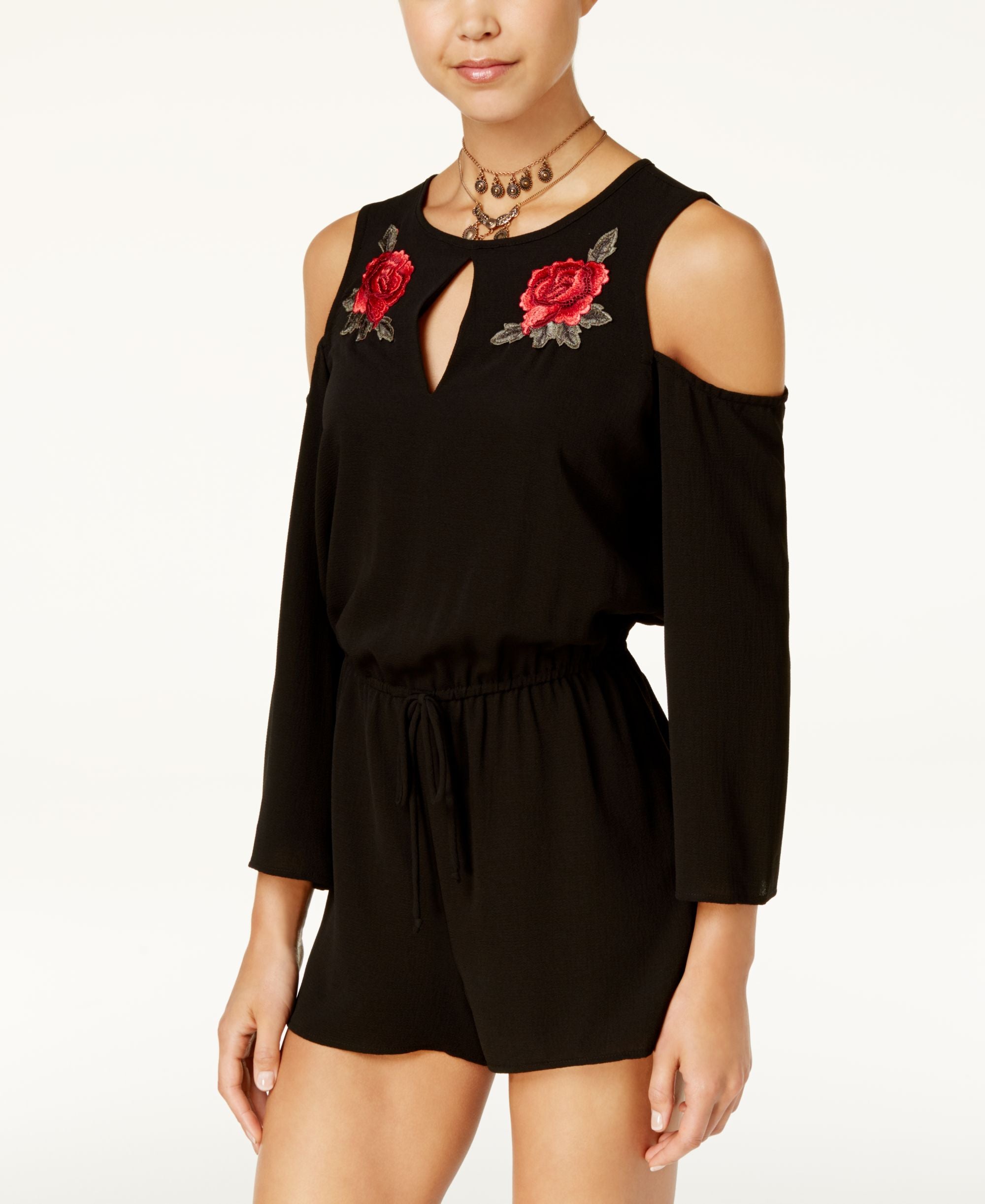Be Bop Juniors Rose Applique Cold Shoulder Romper