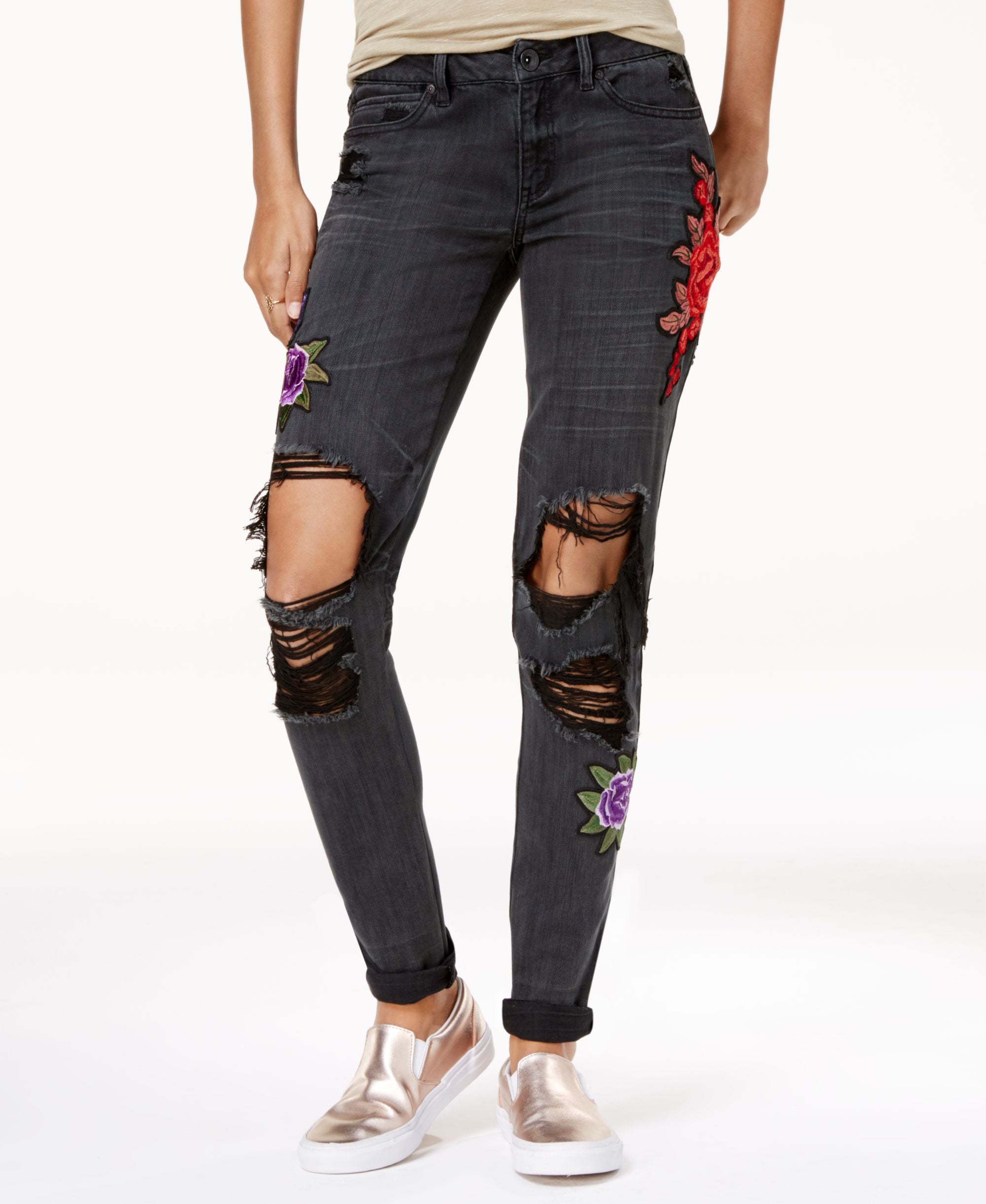 Rewash Juniors Rose Patch Ripped Classic Skinny Jeans