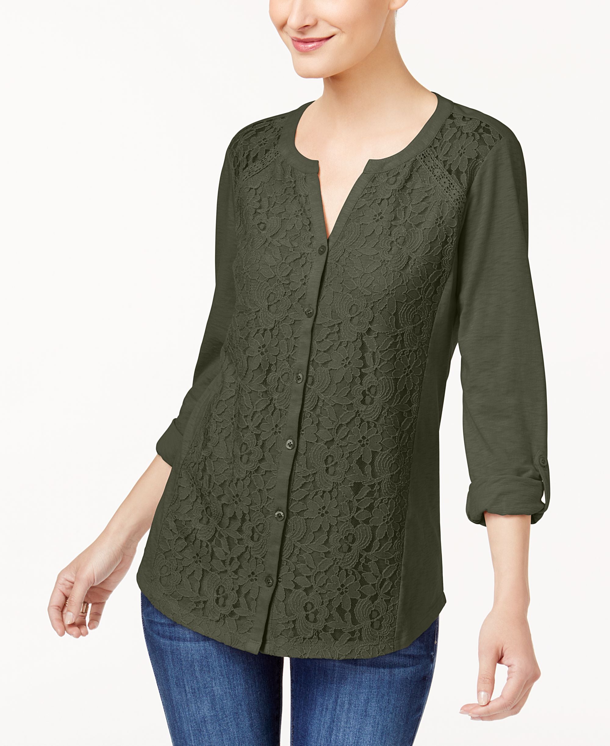 Style & Co Lace Panel Knit Shirt