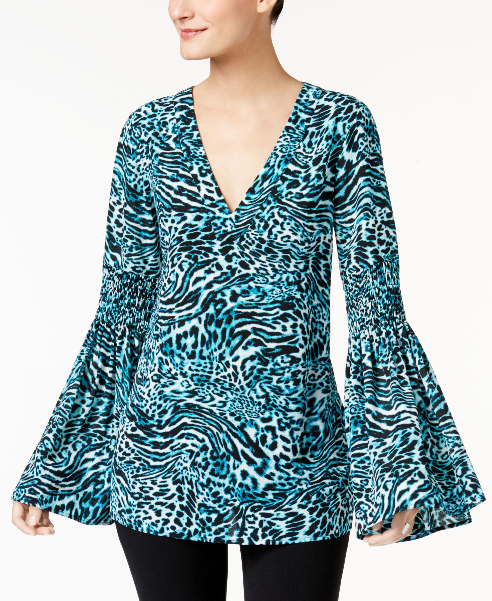 Michael Kors Womens Printed V-Neck Tunic Top Blue S