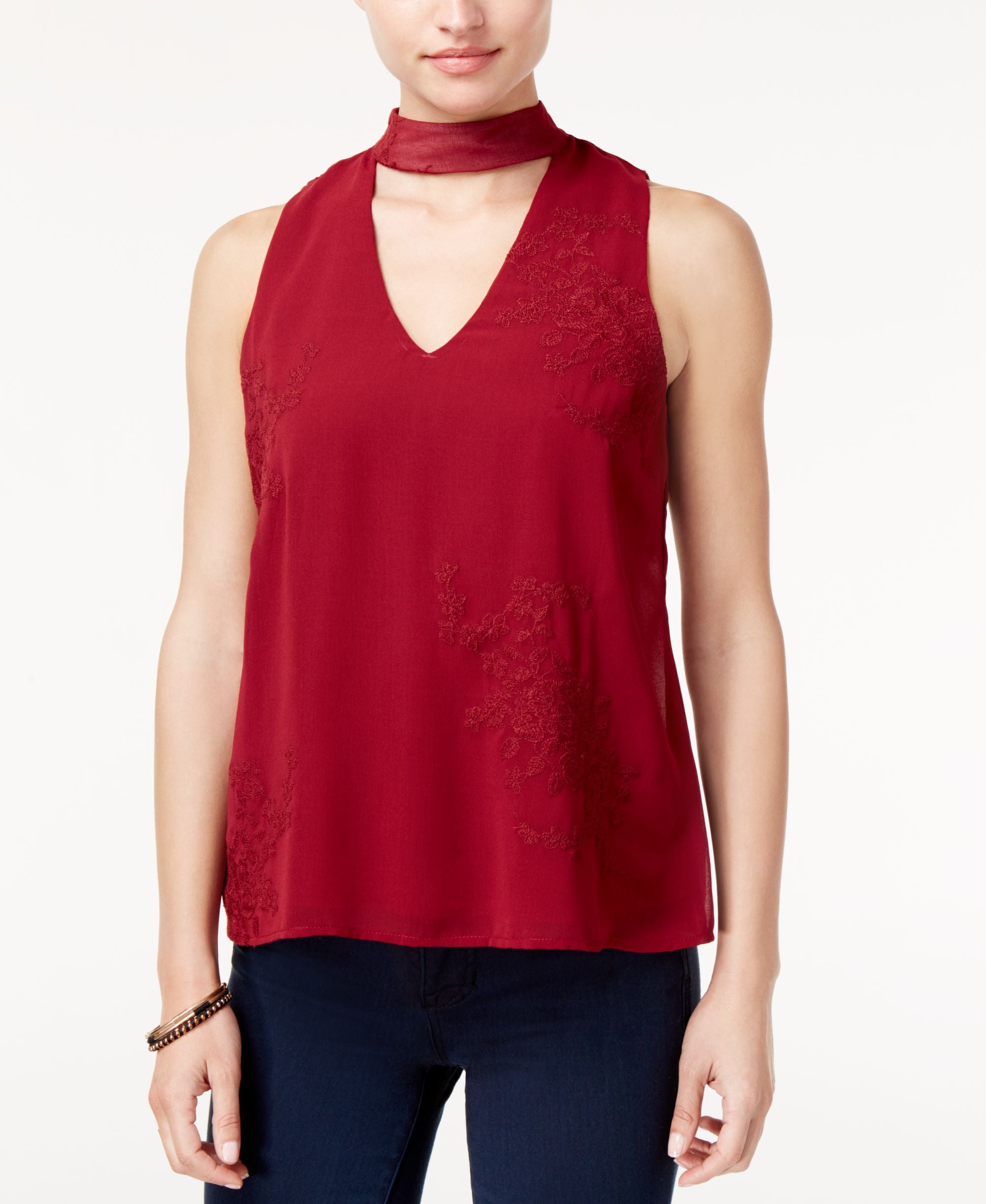 Lily Black Juniors Embroidered Mock Neck Cutout Tank Top