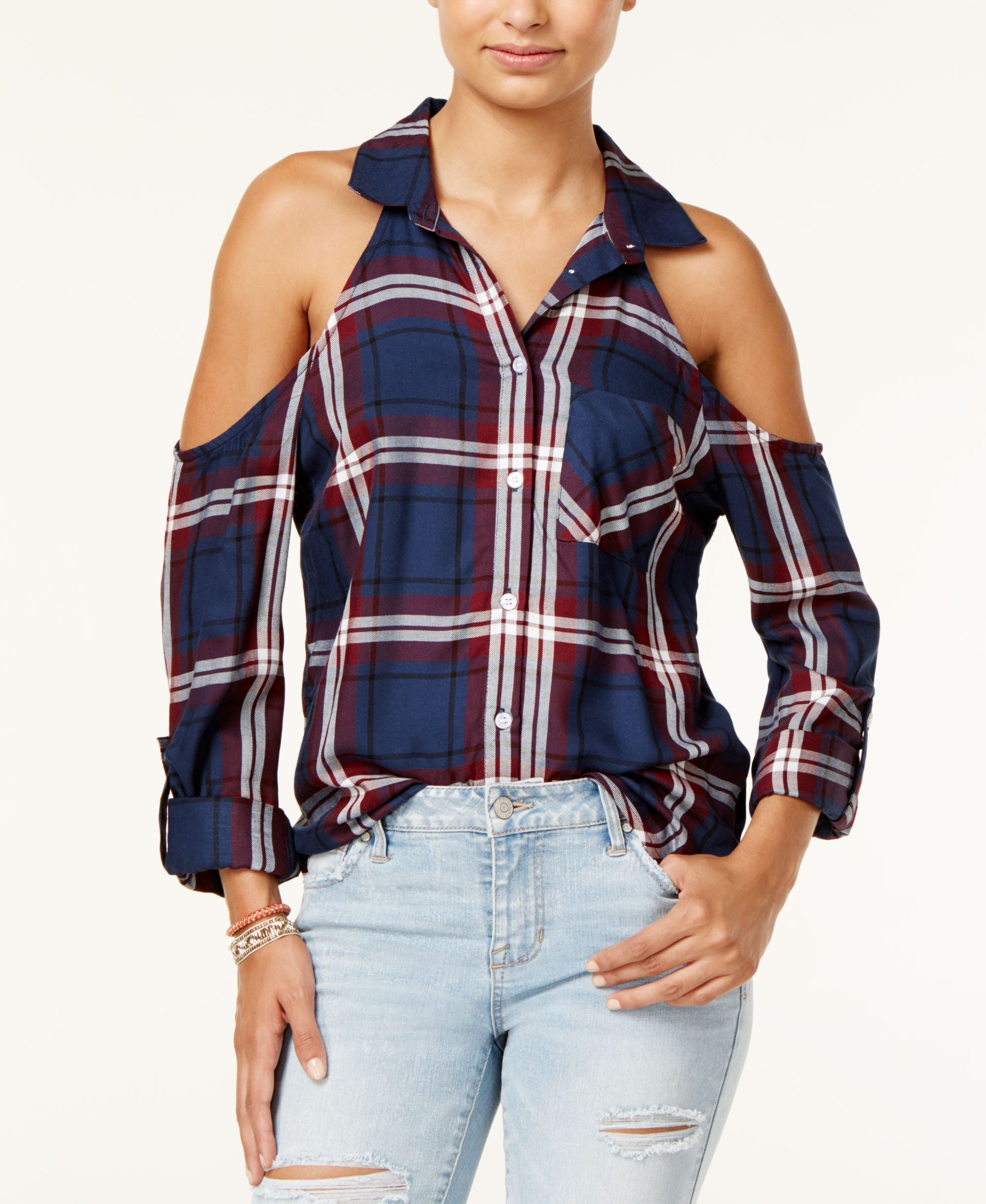 7 Sisters Juniors Cold Shoulder Plaid Shirt