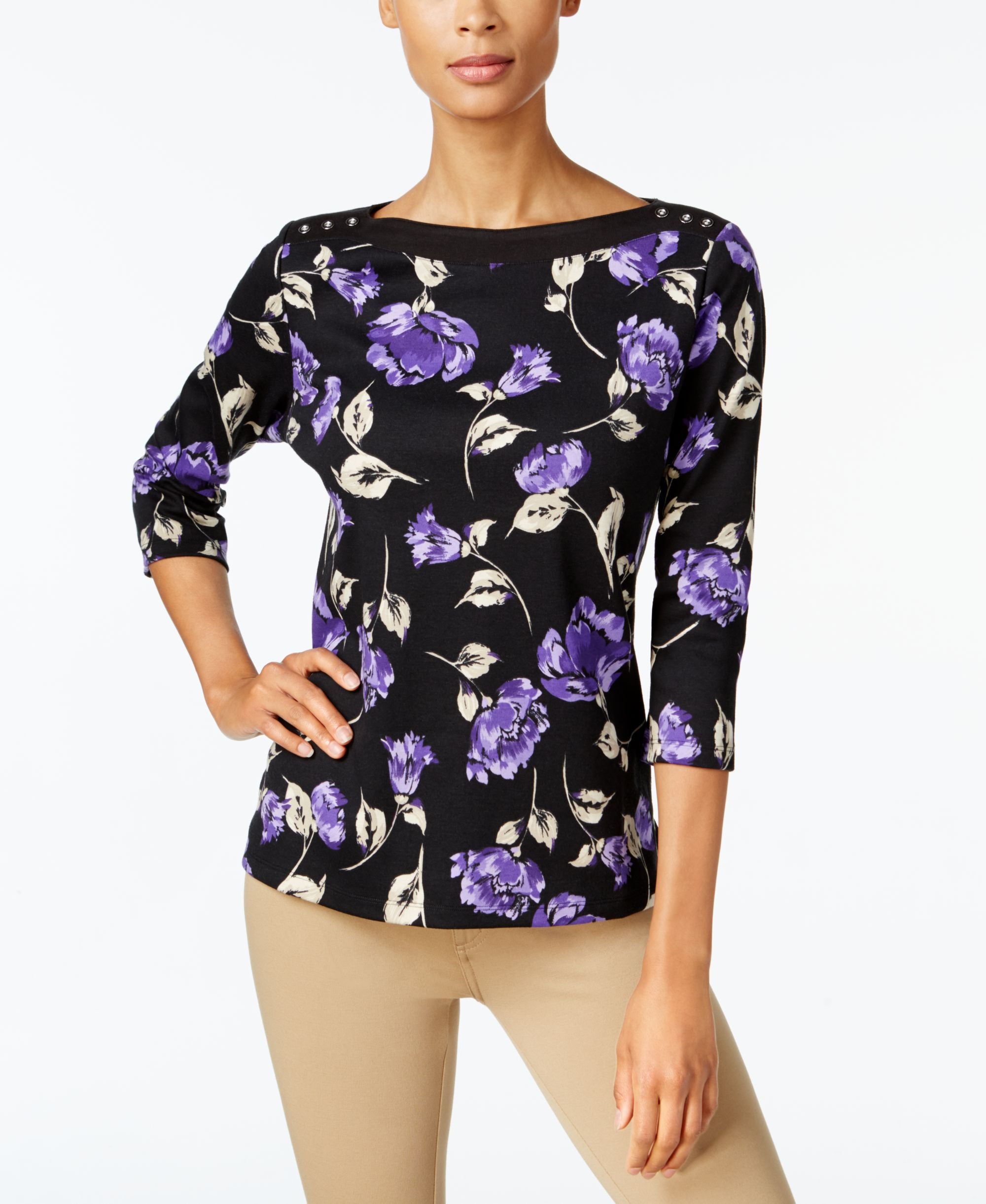 Karen Scott Floral Print Boat Neck Top