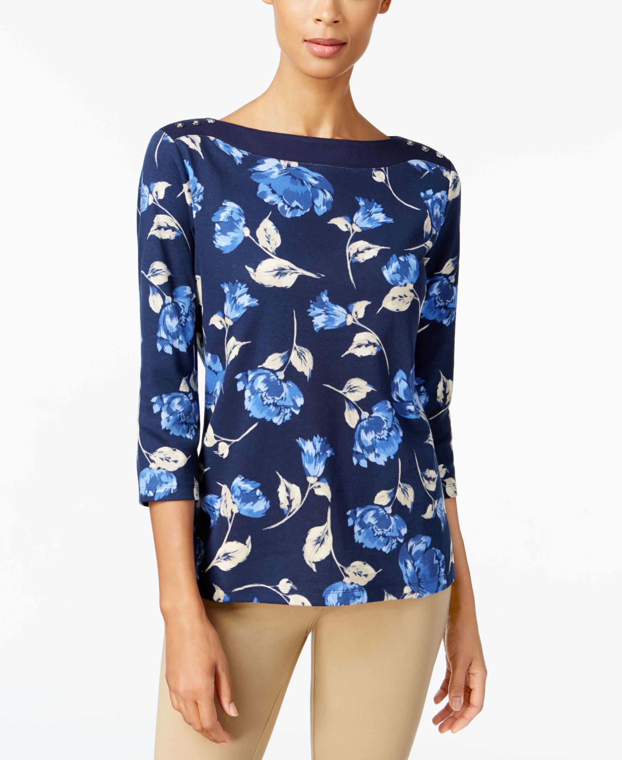 Karen Scott Floral Print Boat Neck Top