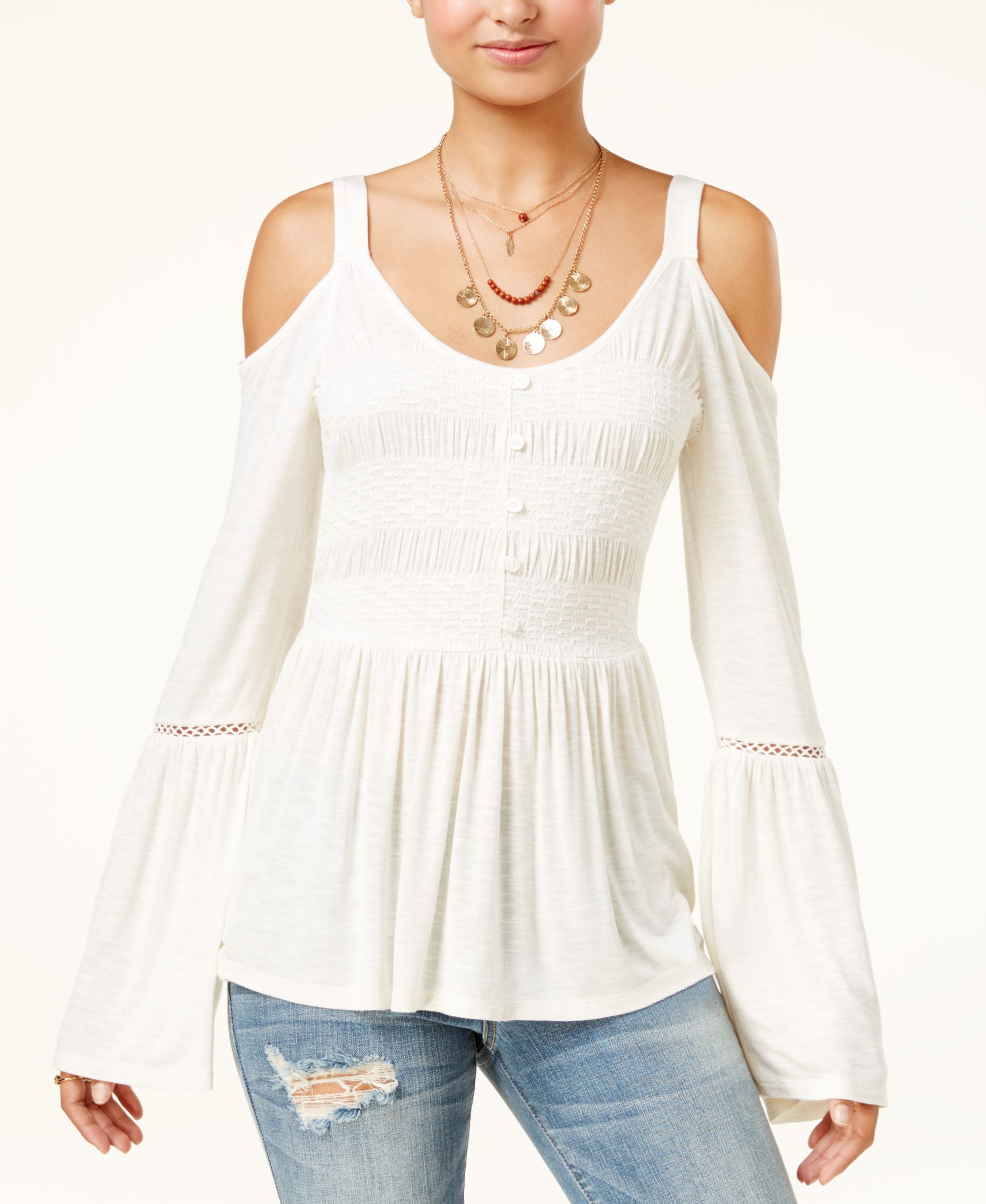 Juniors' Cold-Shoulder Bell-Sleeve Top