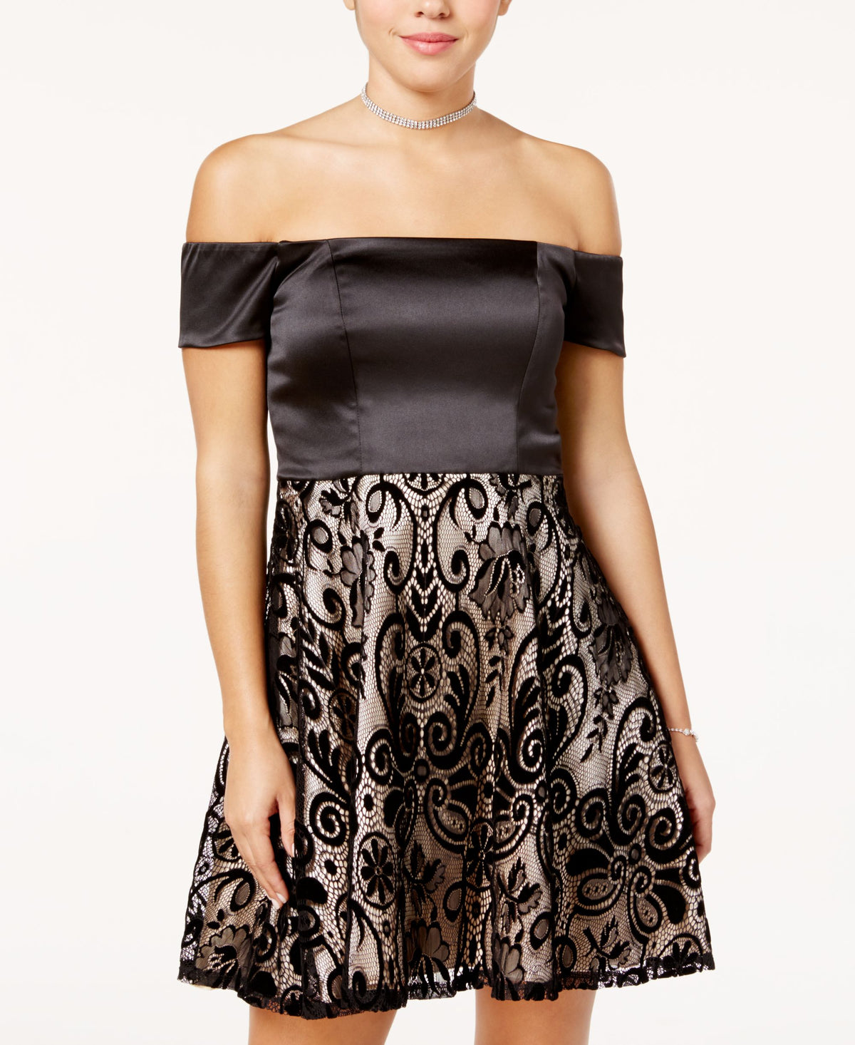 Sequin Hearts Juniors' Flocked Off-the-Shoulder Dress Black/Nude 1