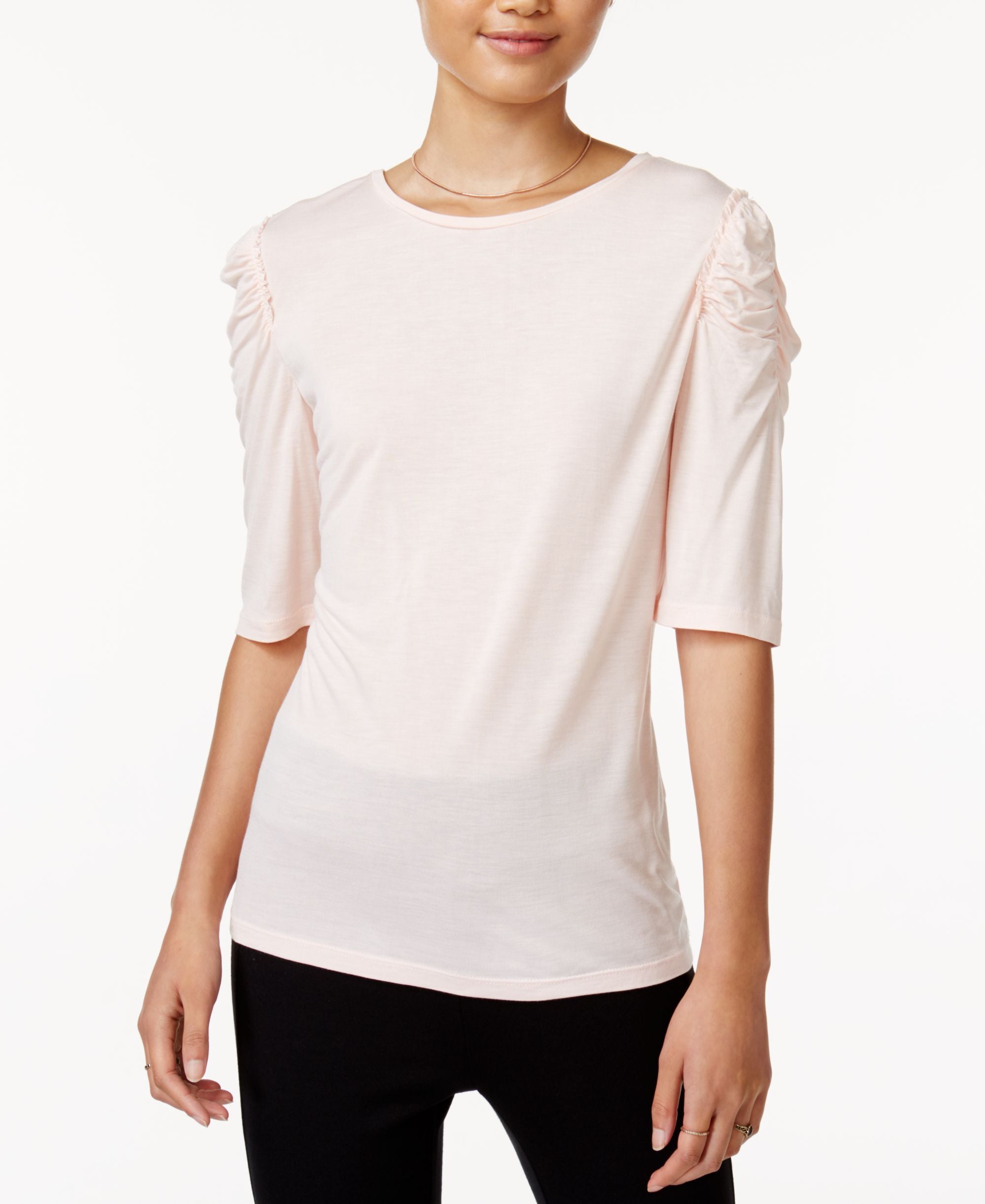 BAR III Crew Neck Ruched Shoulder Top
