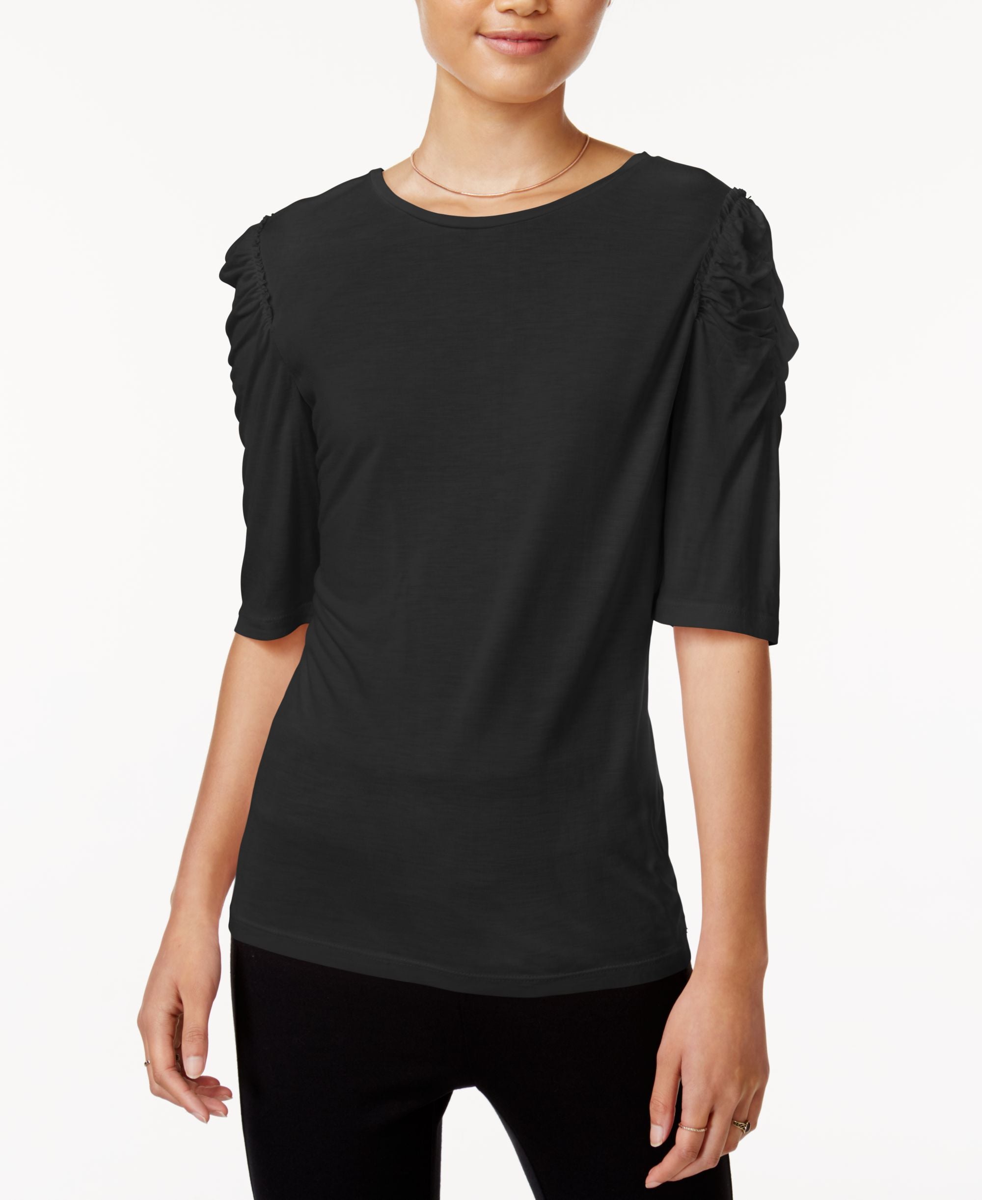 BAR III Crew Neck Ruched Shoulder Top
