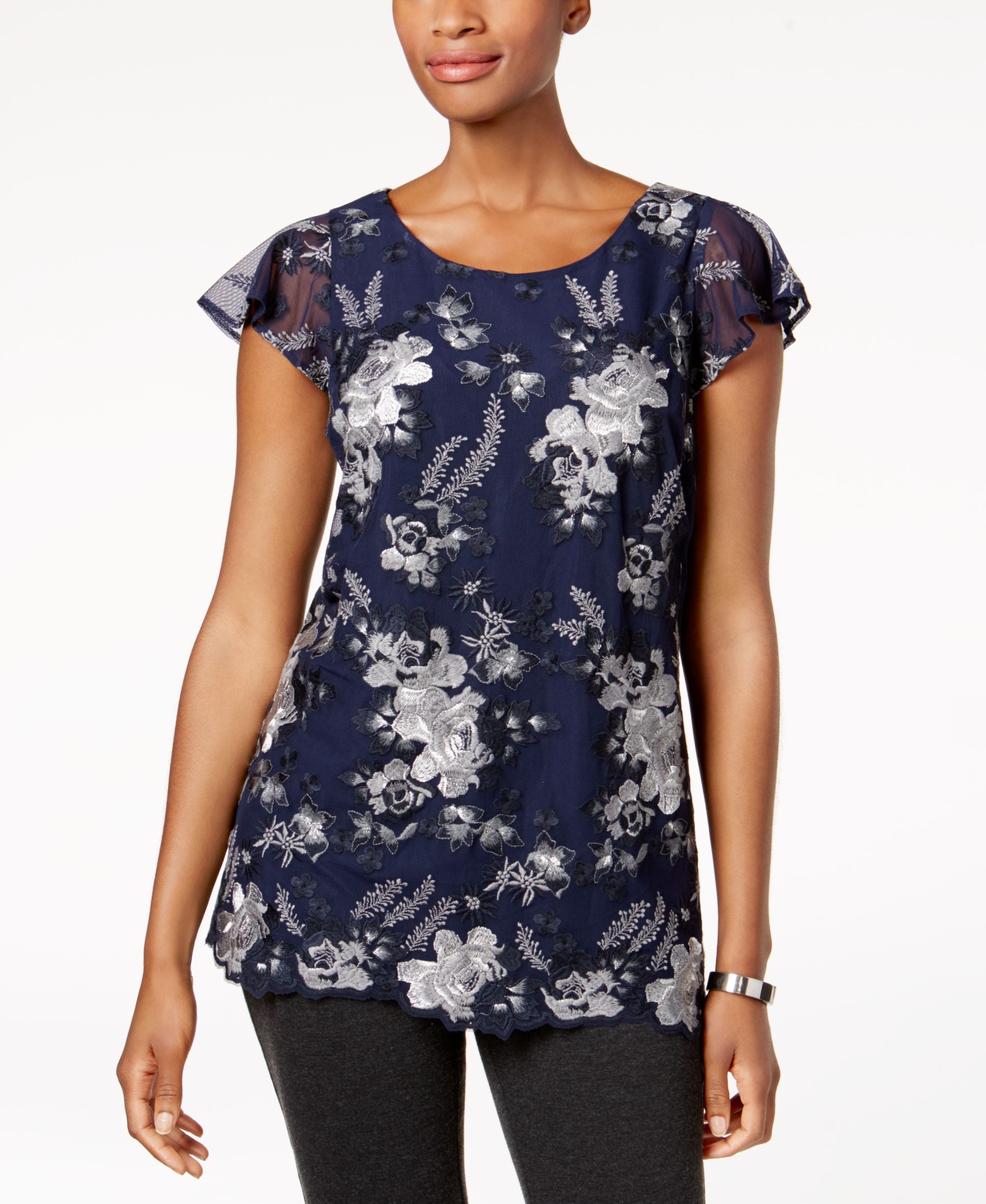 Charter Club Embroidered Mesh Top