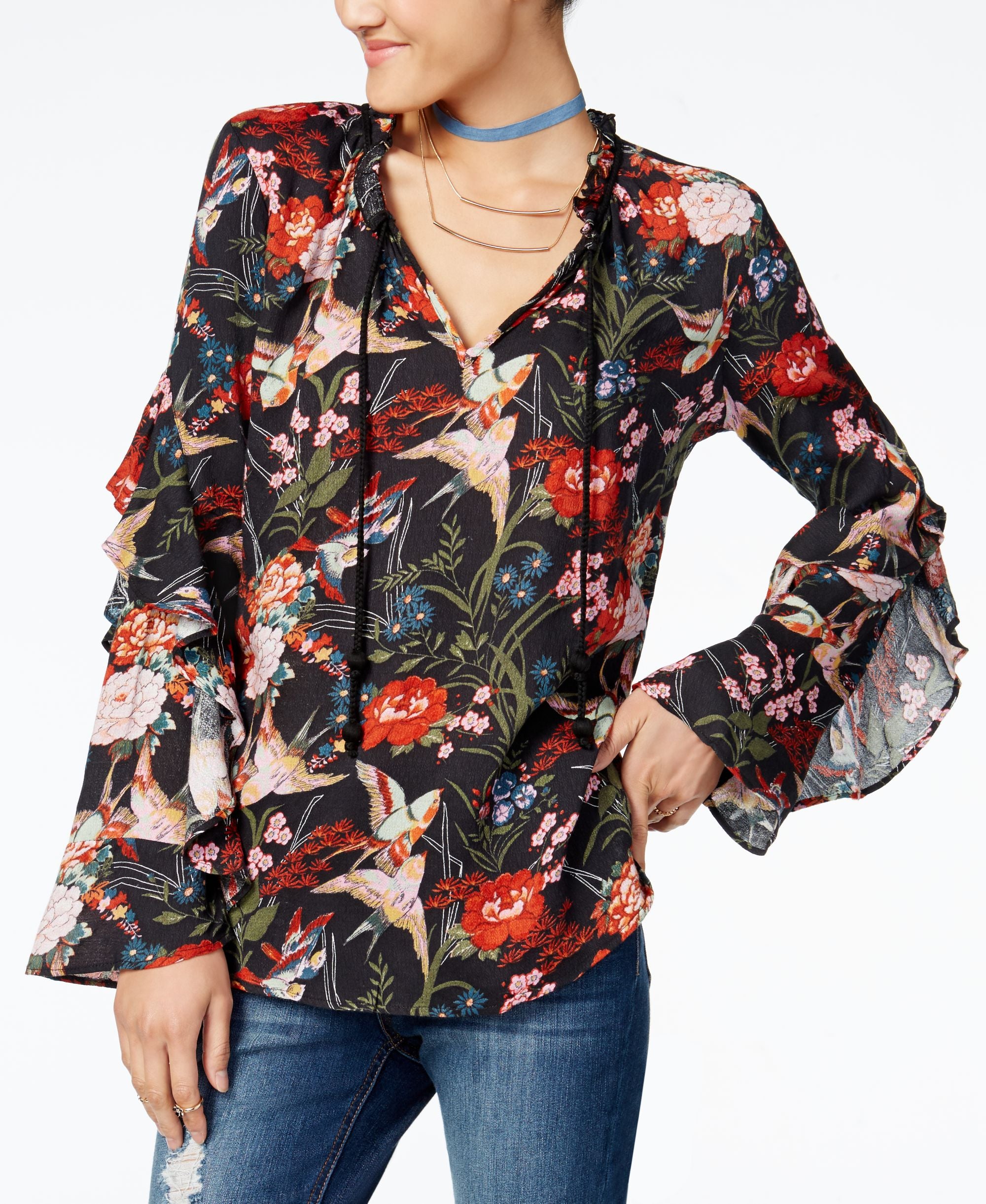 Jessica Simpson Juniors Terry Printed Ruffle Trim Blouse