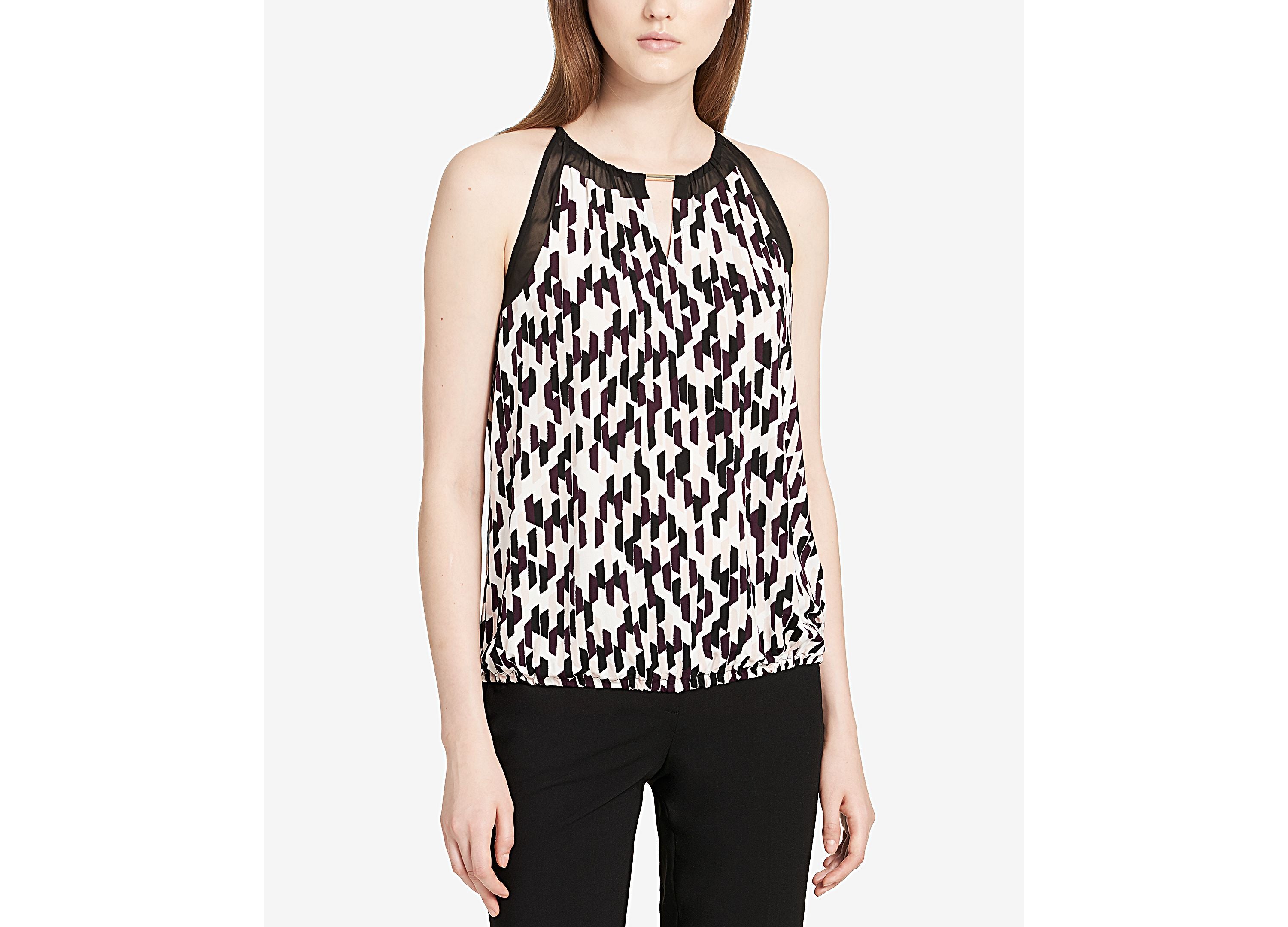 Calvin Klein Printed Keyhole Halter Shell Blush Multi L