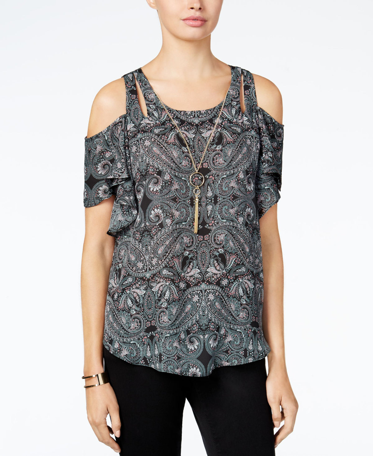 BCX Juniors' Printed Cold-Shoulder Top