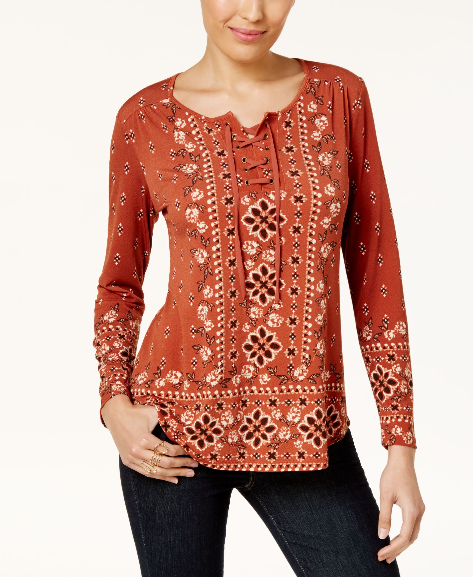 Style & Co Mixed Print Lace Up Top