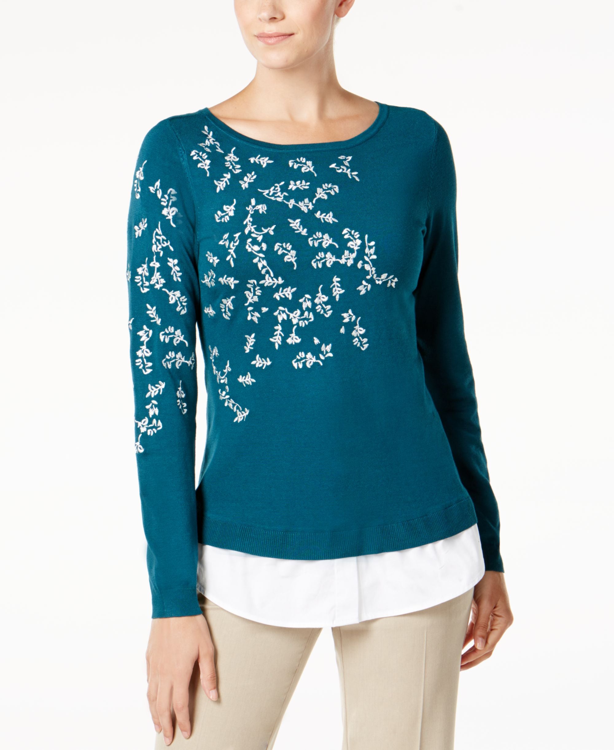 Charter Club Layered Look Embroidered Sweater