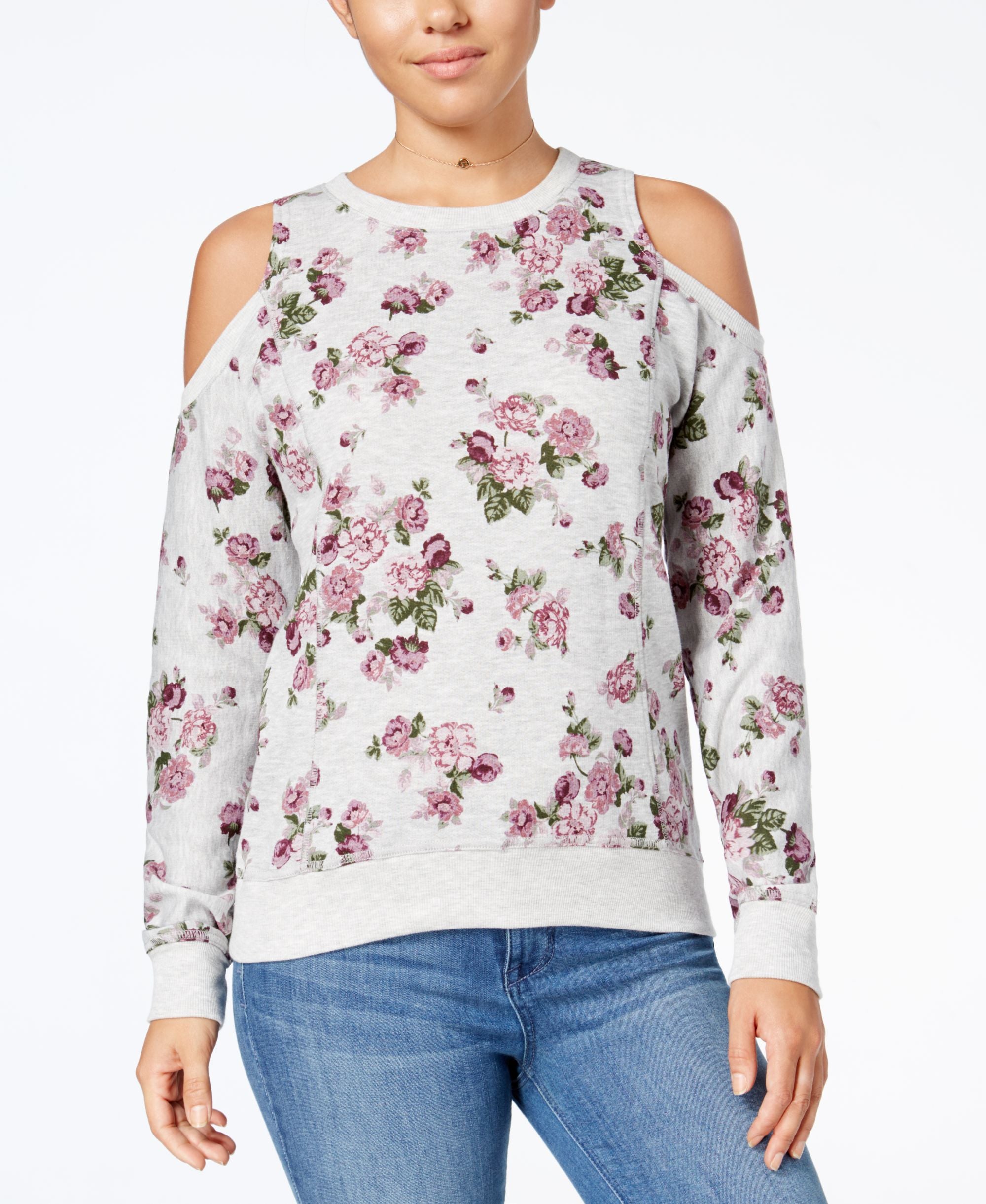 Ultra Flirt Juniors Floral Print Cold Shoulder Sweatshirt