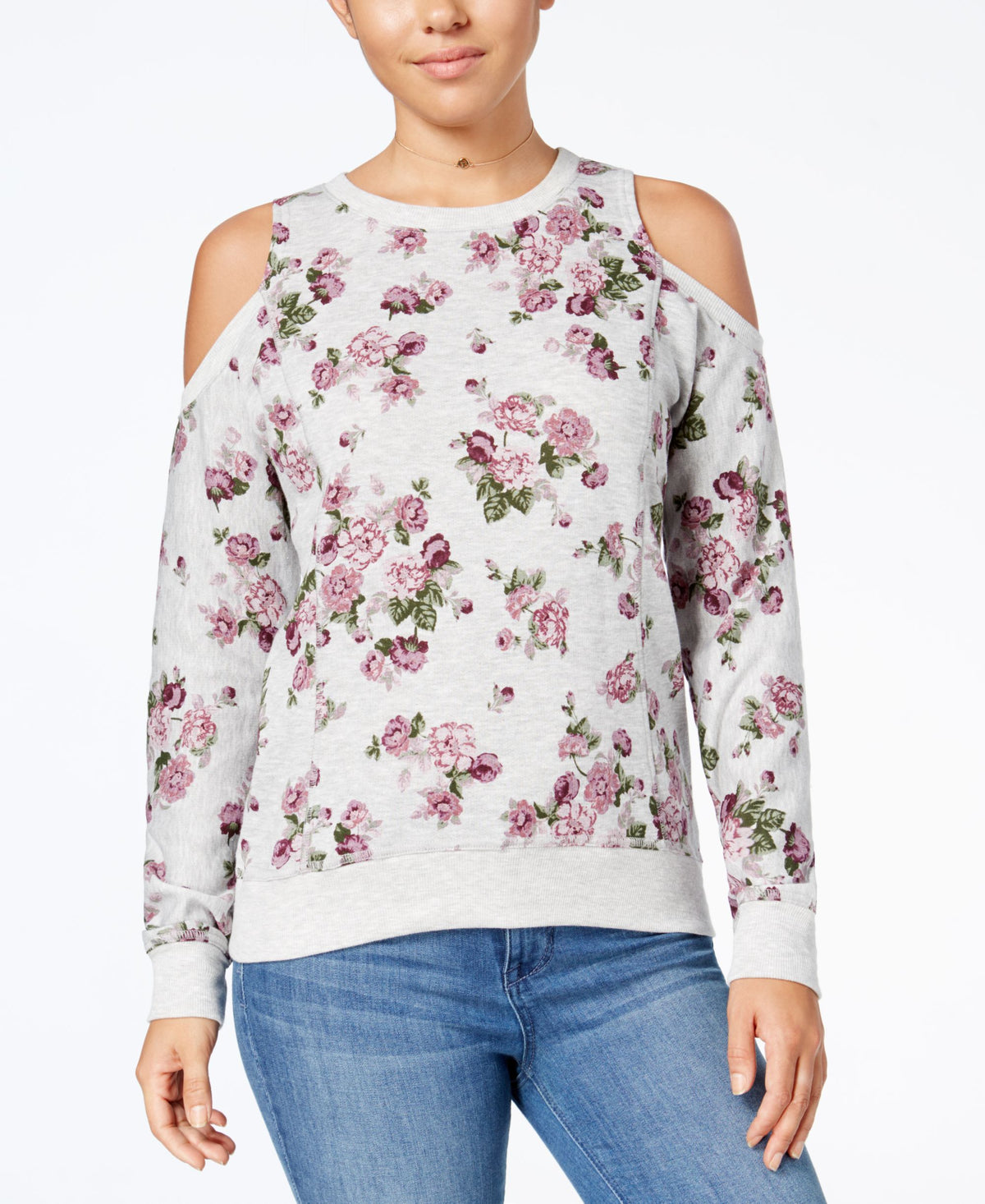 Ultra Flirt Juniors Floral Print Cold Shoulder Sweatshirt