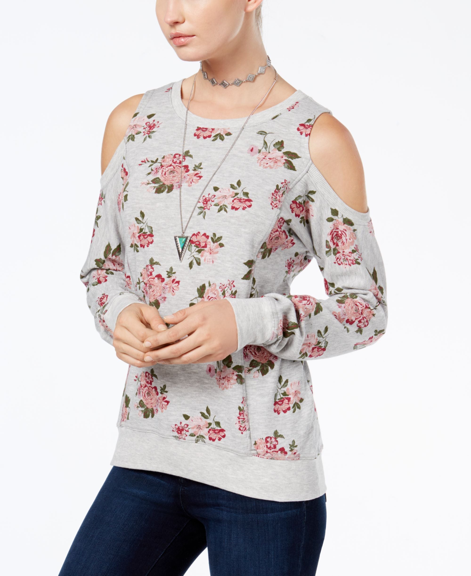 Ultra Flirt Juniors Floral Print Cold Shoulder Sweatshirt