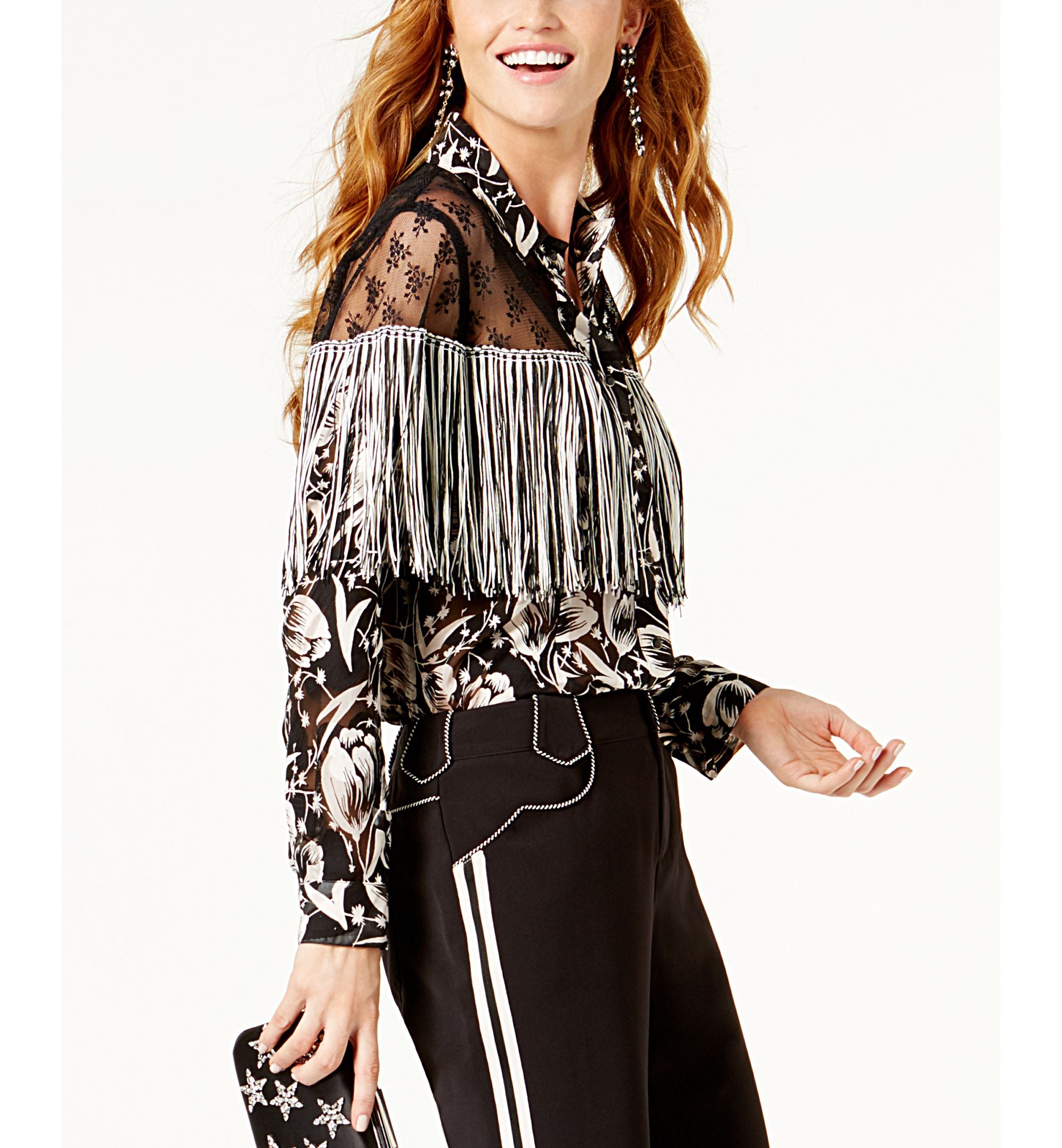 Anna Sui X INC International Concepts Lace Yoke Fringed Western Shirt