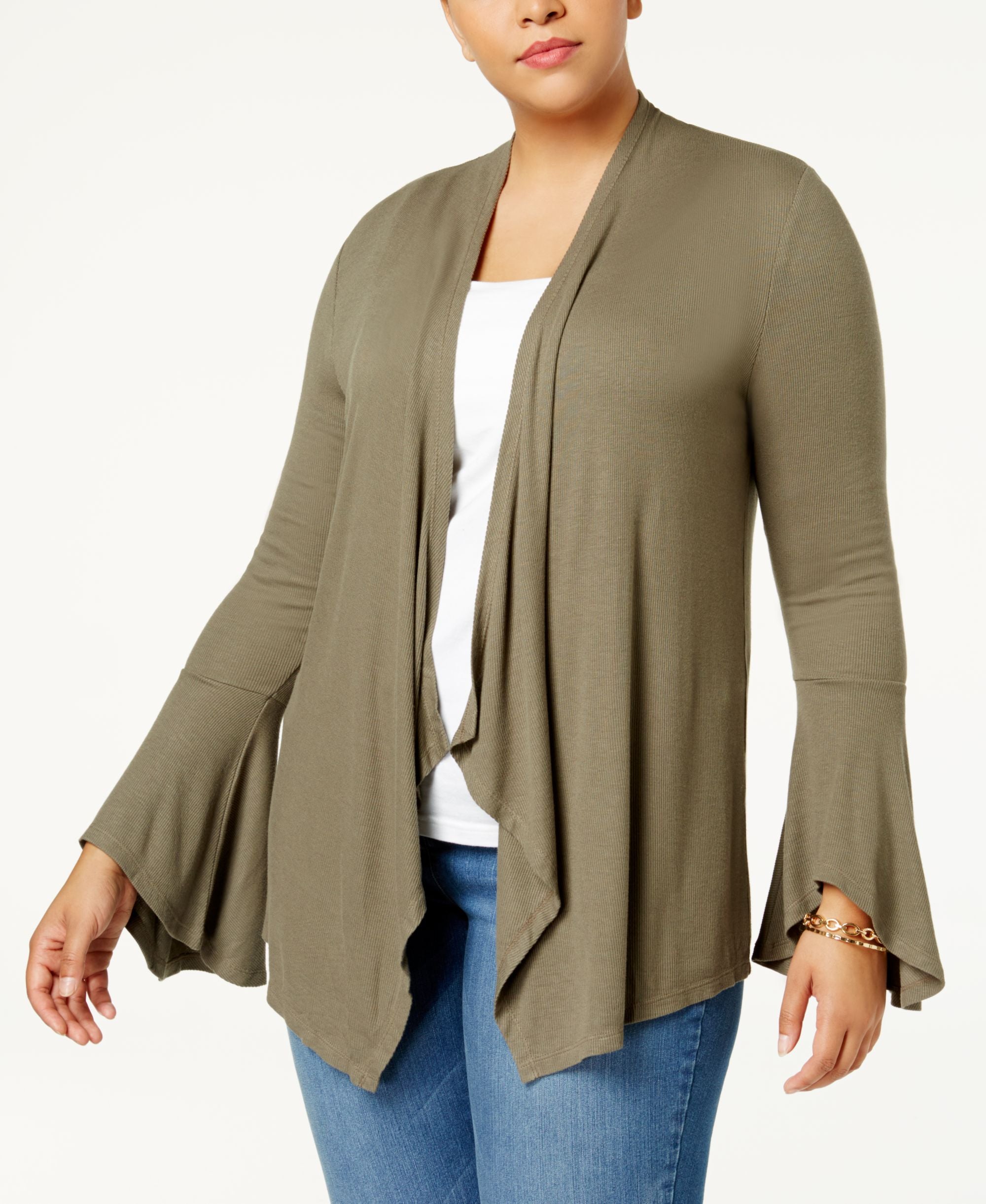 Plus Size Ribbed Bell Sleeve Cardigan