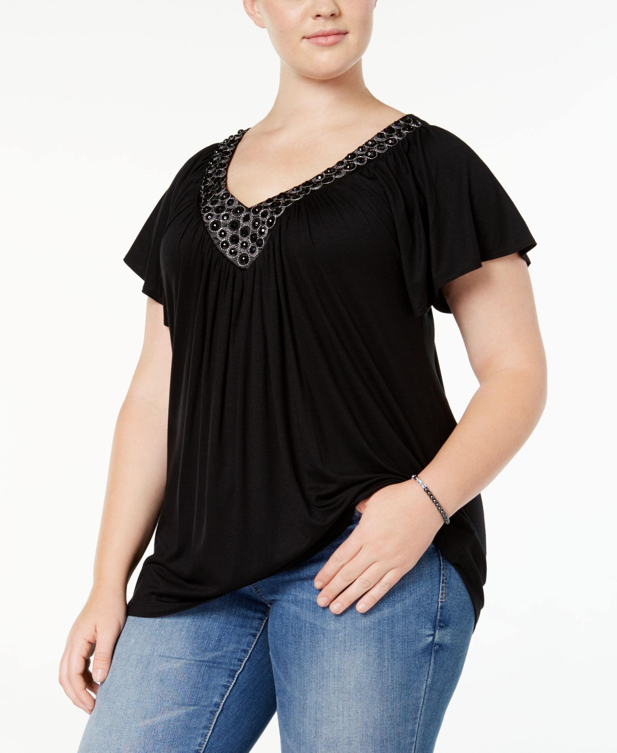 Soprano Trendy Plus Size Embellished V Neck Top