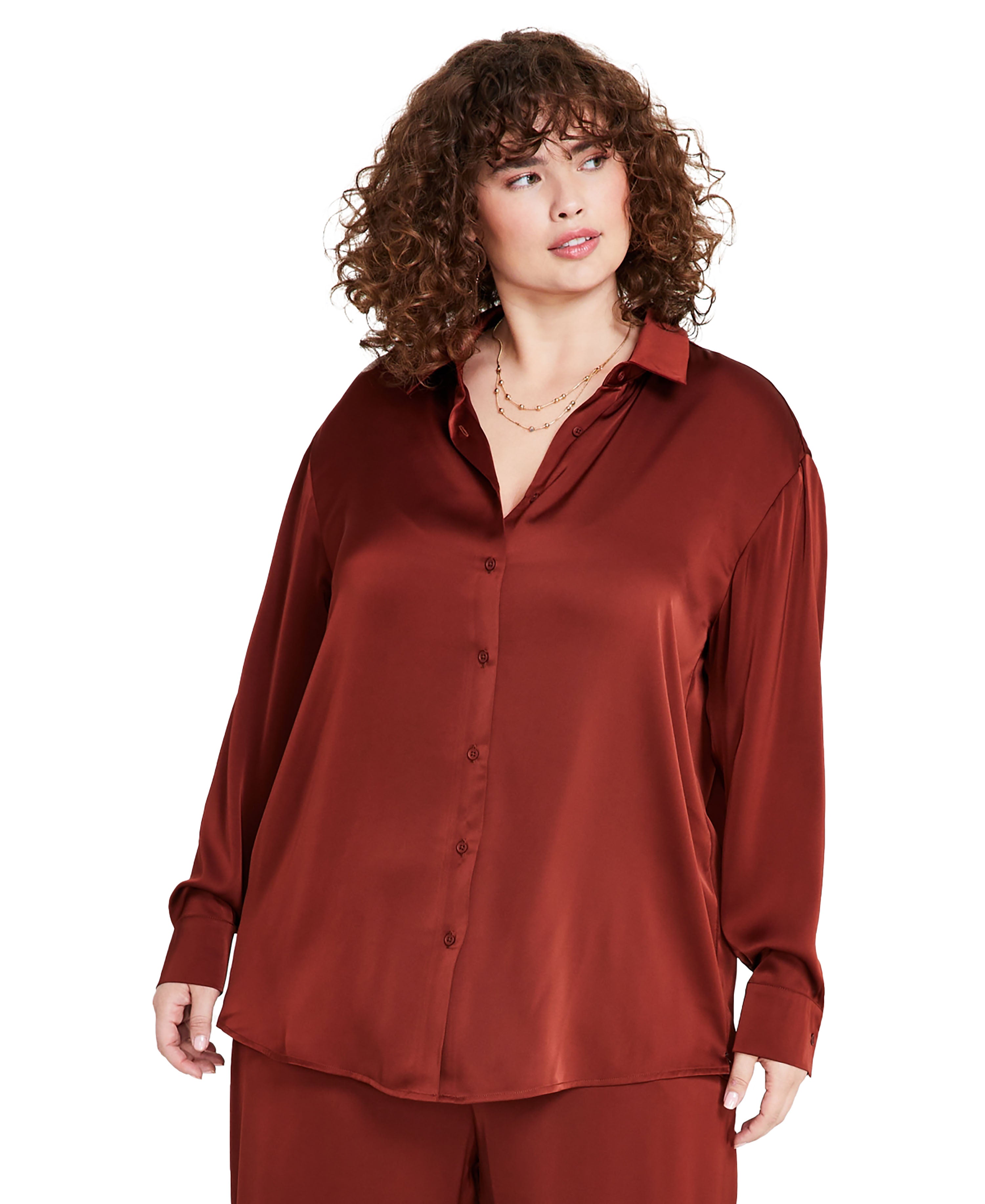Trendy Plus Size Satin Button-Front Shirt Sonoma Brick 2X